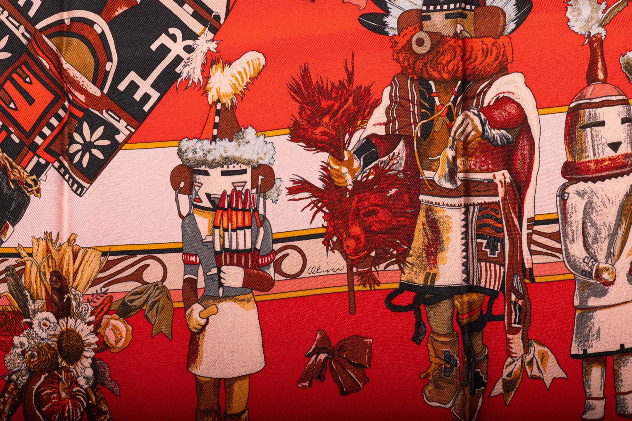 Rouge Écharpe en soie rouge Kachinas d'Hermès par Kermit Oliver en vente