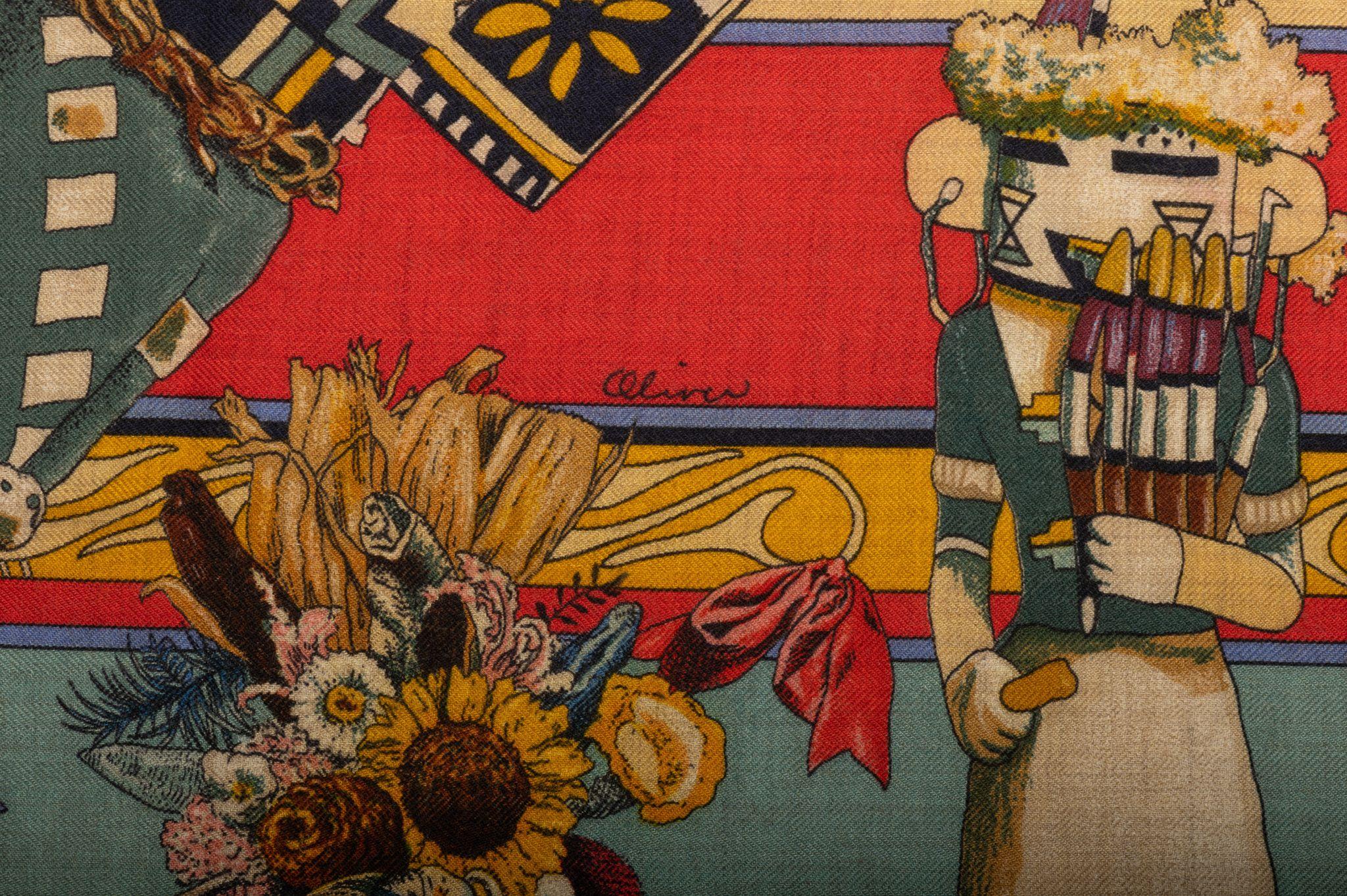 Marrone Scialle in cashmere Hermes Rare Kachinas in vendita