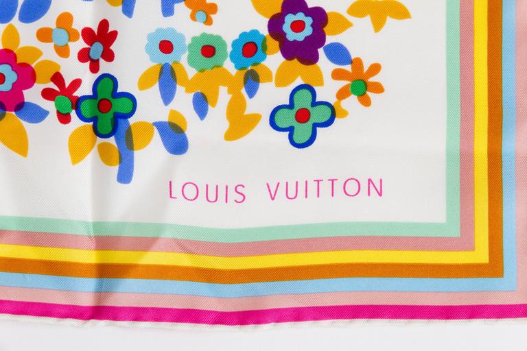 Louis Vuitton Pink/Yellow Tropical Flower Silk Square Scarf - Yoogi's Closet