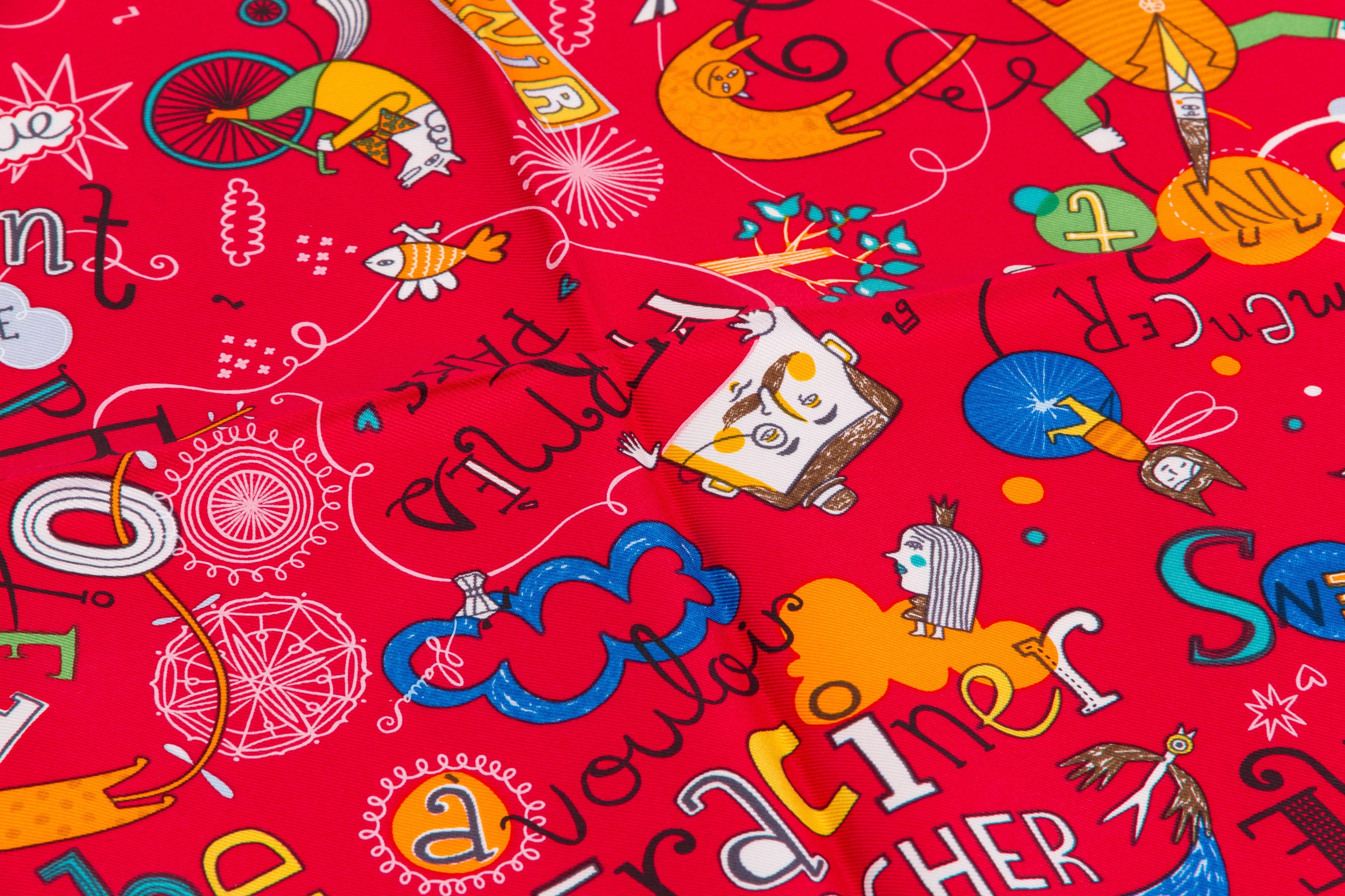 Hermes Red Silk Les Confessions Pocket Scarf in Box In New Condition In West Hollywood, CA