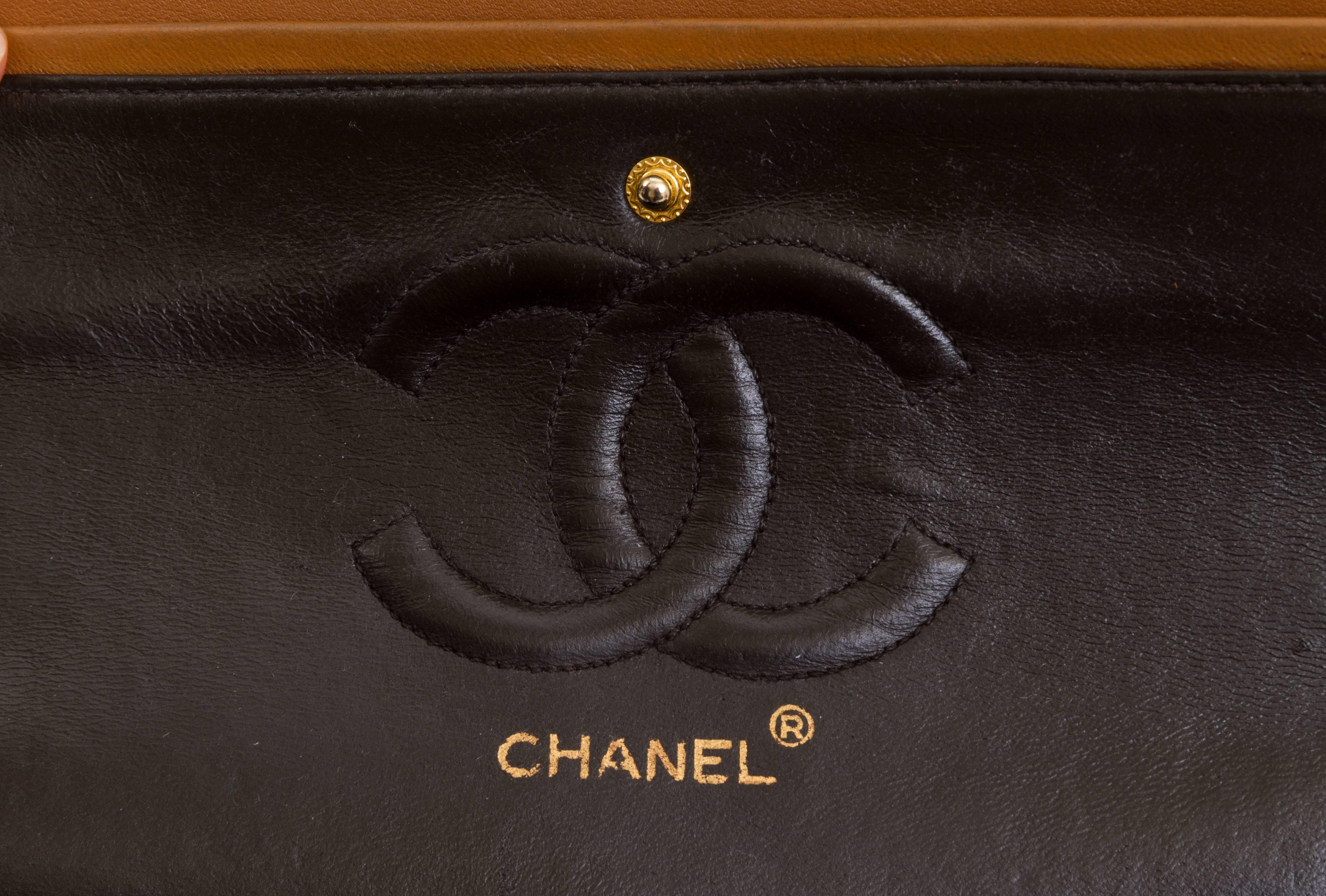 Black 1990's Chanel Camel Brown Double Flap 10