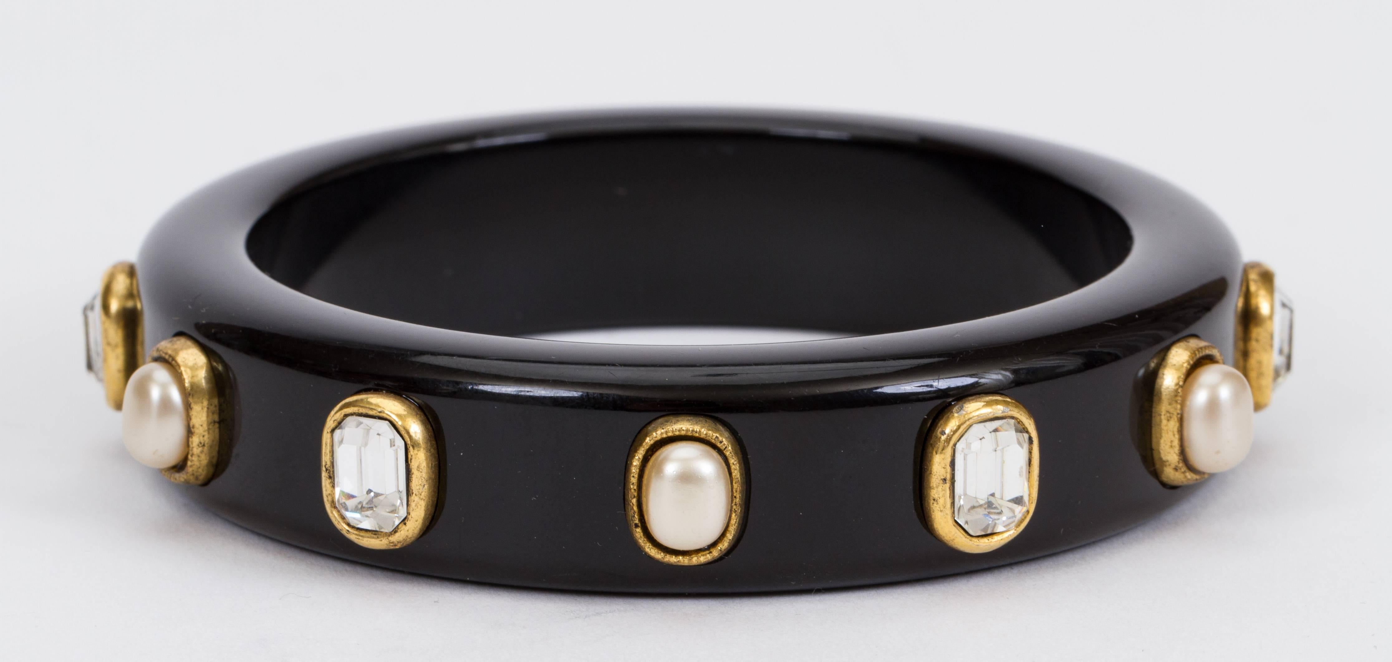 Chanel Black Bangle Bracelet with Pearls and Crystals In Excellent Condition In West Hollywood, CA