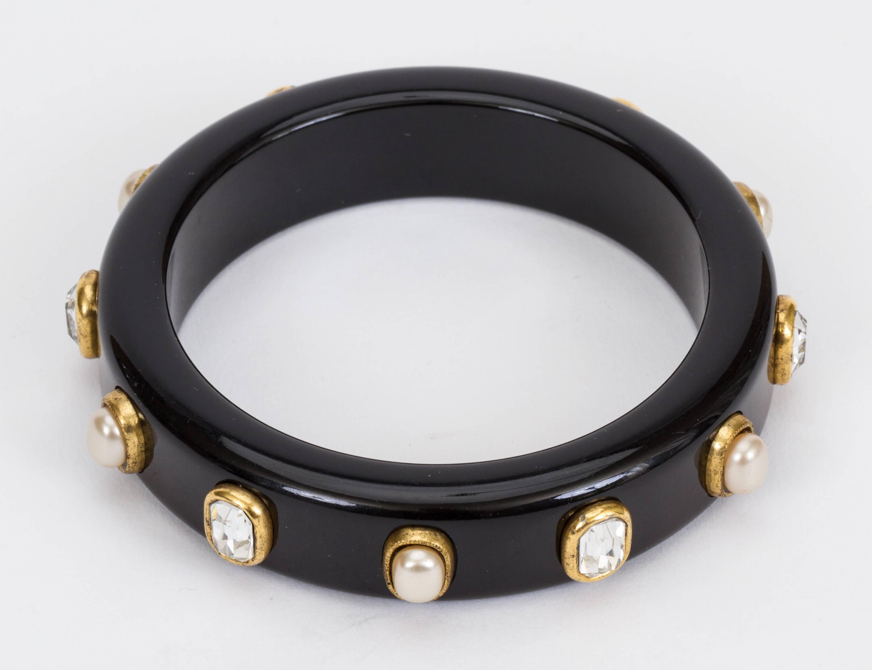 Women's Chanel Black Bangle Bracelet with Pearls and Crystals