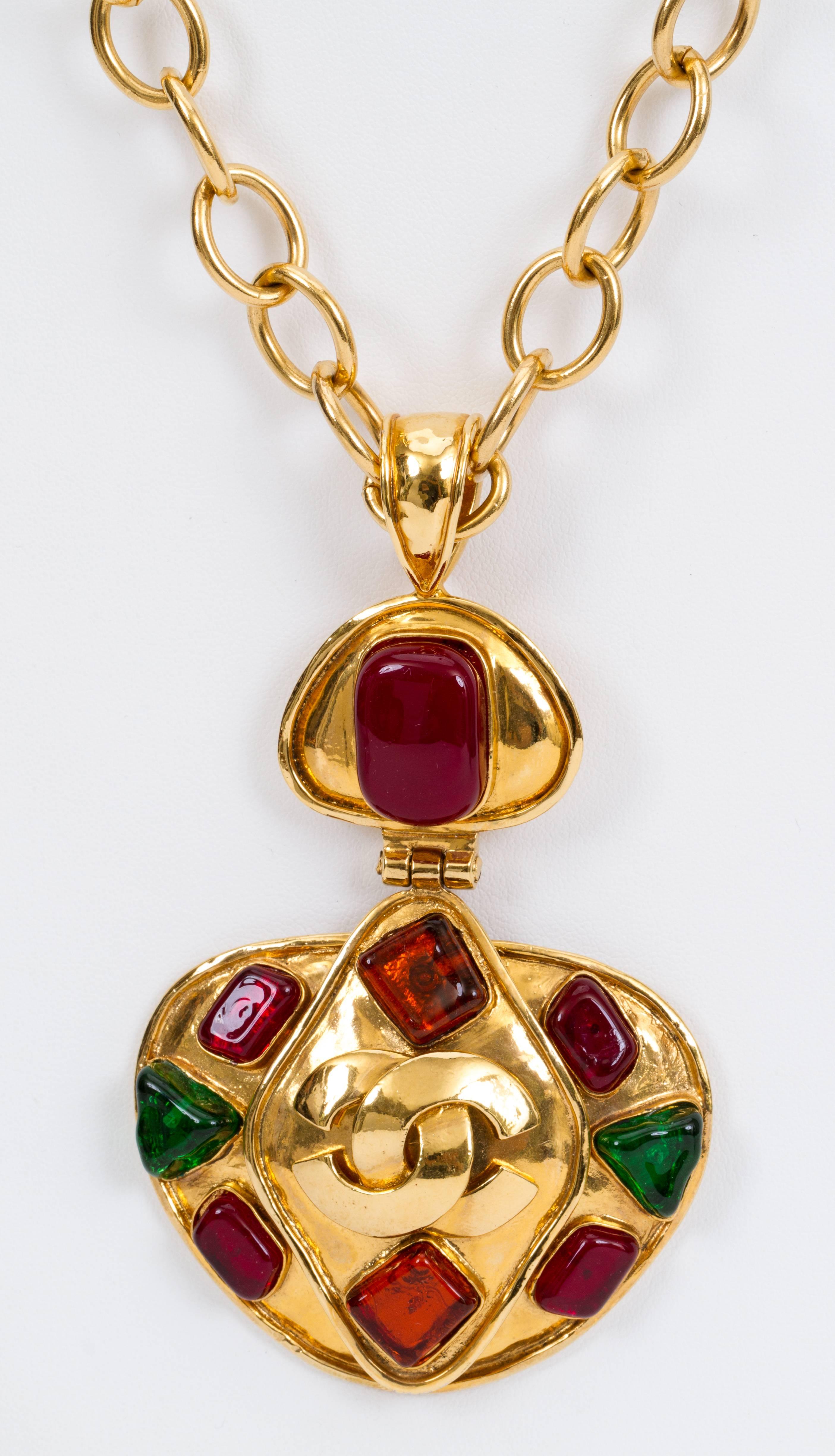 Chanel rare and collectible spring 95 collection necklace with multicolor gripoix (poured glass) pendant. Pendant measures 4.5