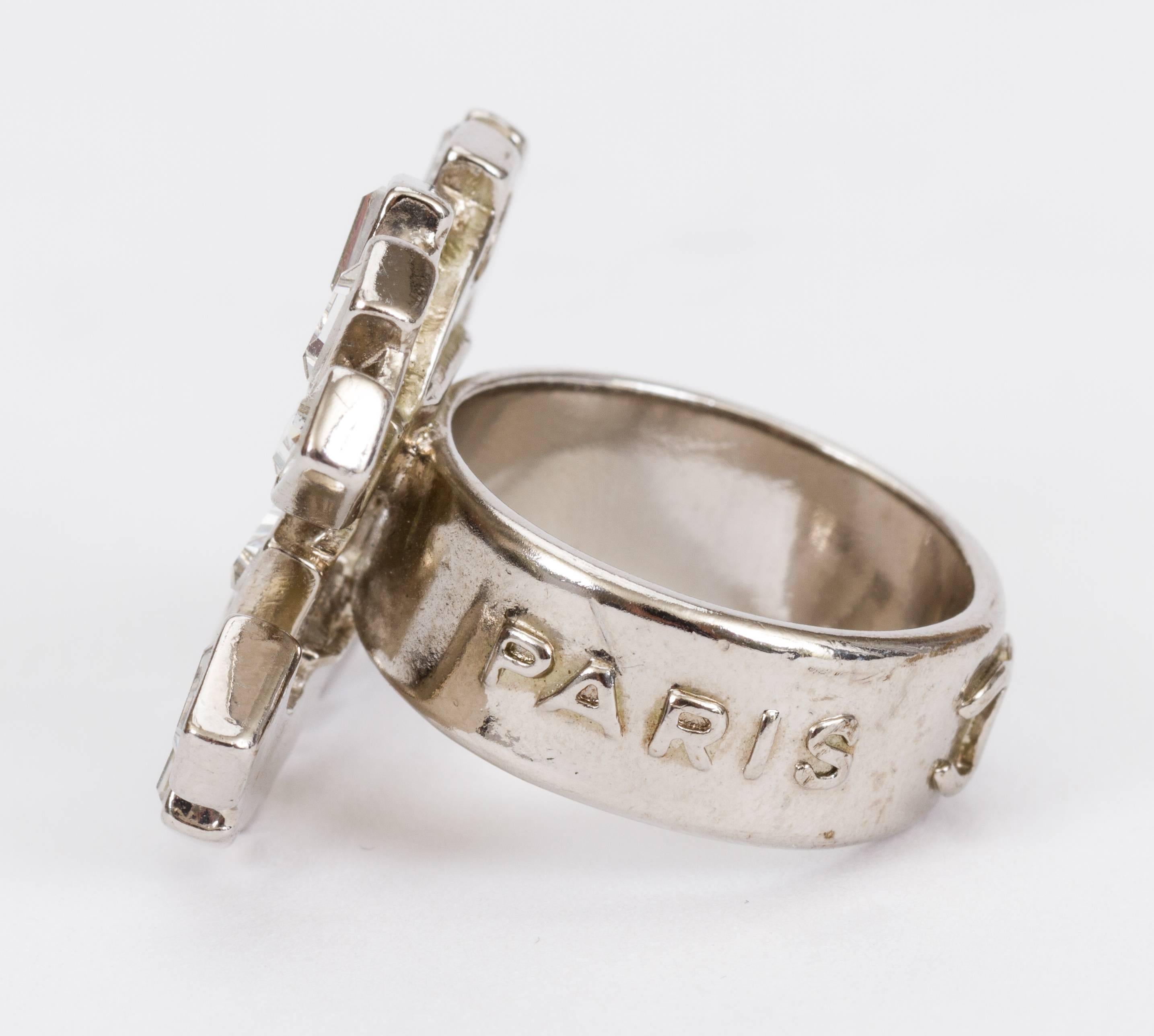 Chanel Rhinestone Baguettes Logo Ring Size 6.5 In Excellent Condition In West Hollywood, CA