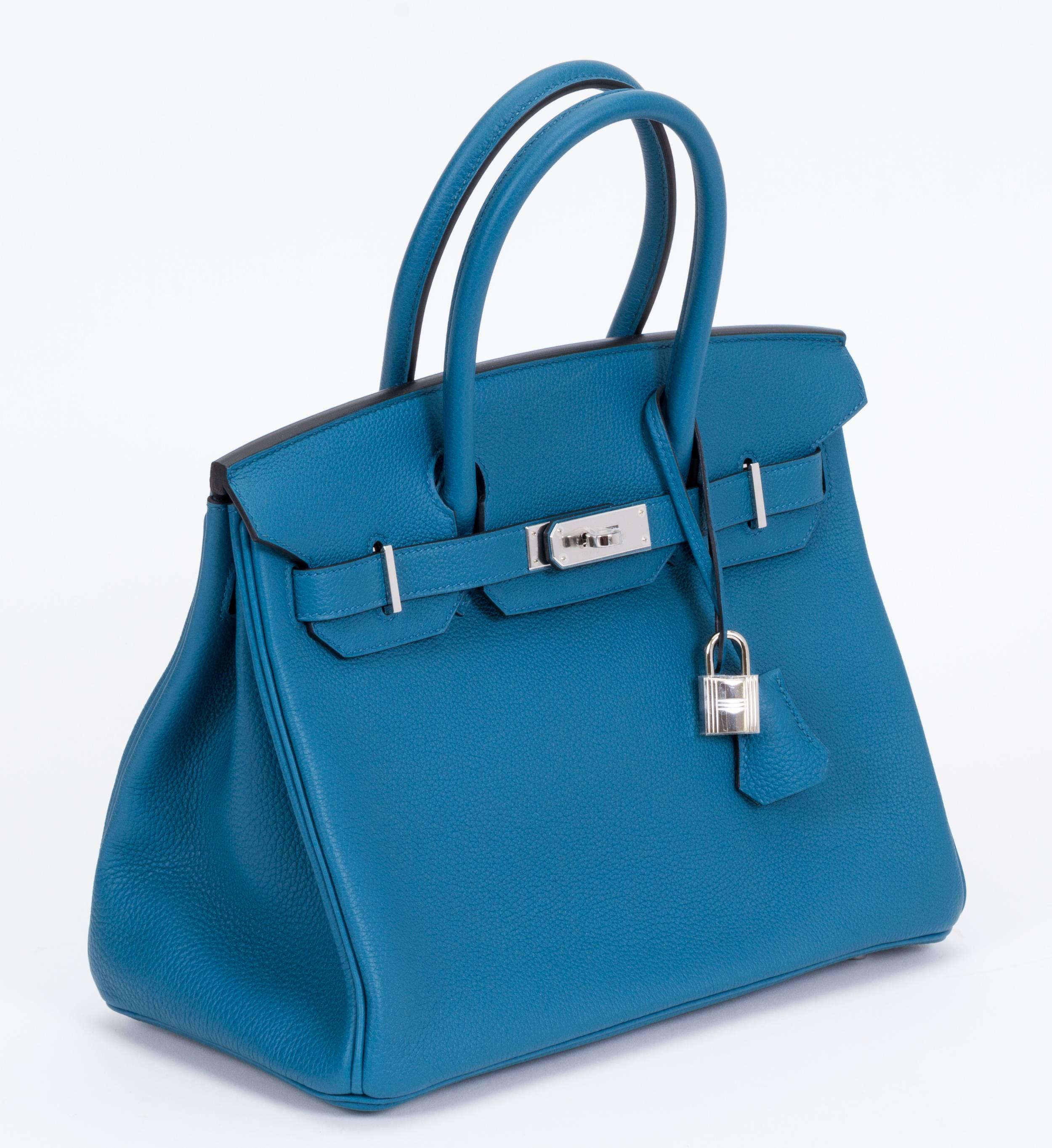 Hermès collectible Birkin bag, 30cm. Blue cobalt Togo leather with palladium hardware. Brand new in box. X stamp, 2016. Handle drop, 4"L. Comes with keys, lock, clochette, tirette, original dust bag and box.