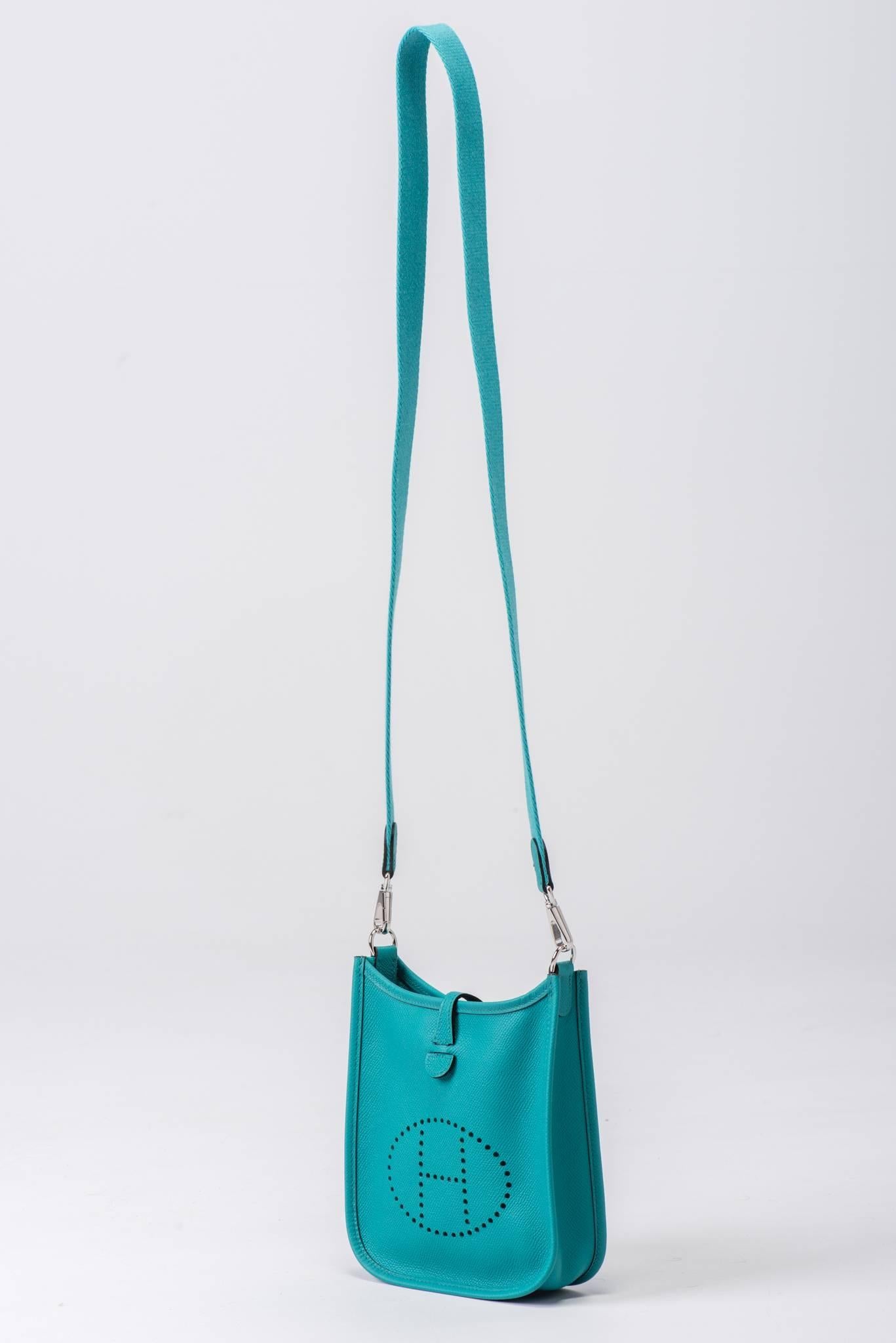 Women's New Hermes Blue Paon Epsom Mini Evelyne Crossbody Bag