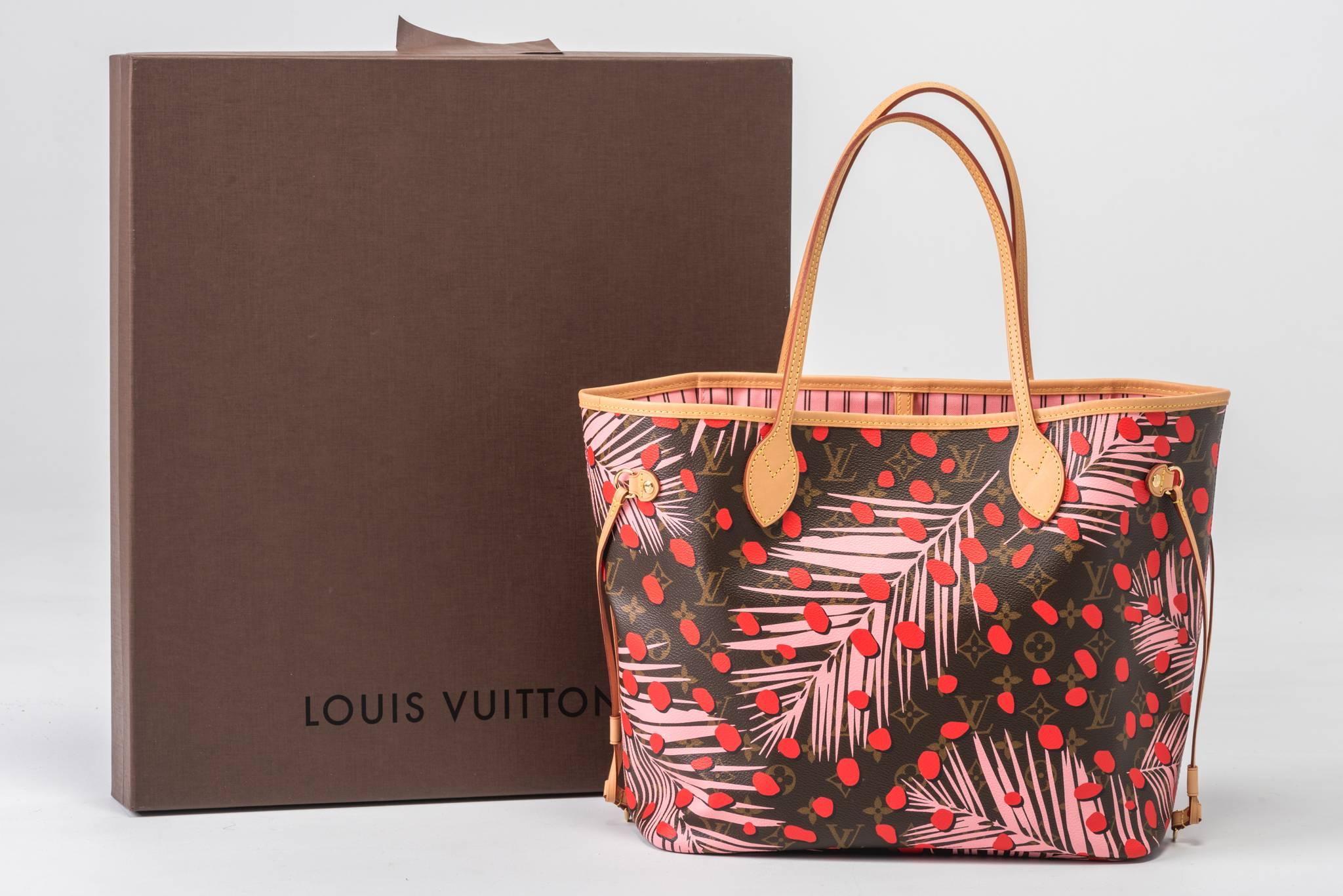 Louis Vuitton limited edition Palm Springs never full medium bag with pink palm leaves and red dots.
Interior pink cotton lining.
Brand new in box, comes with ribbon and shopper.