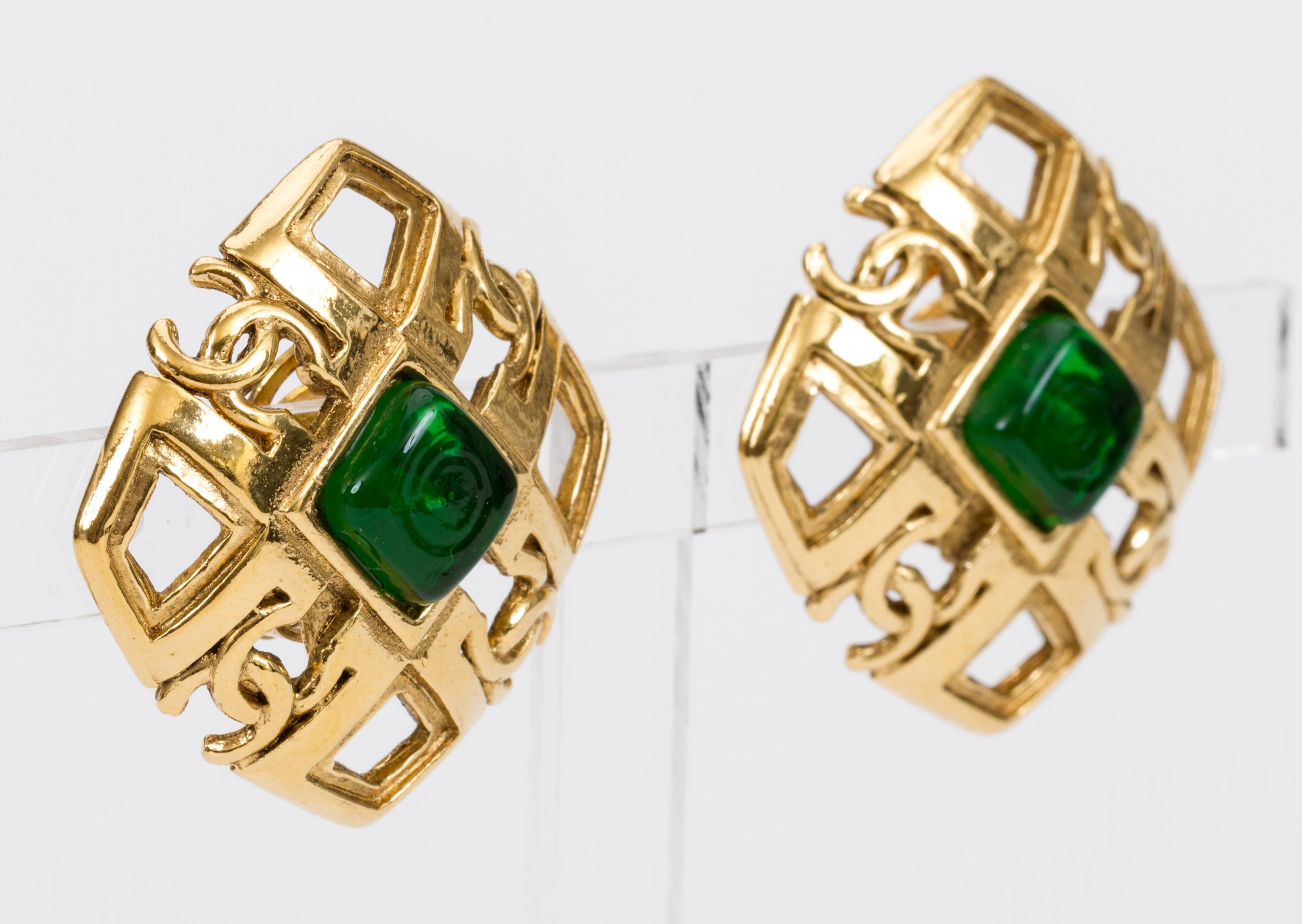Chanel square logo green gripoix earrings. Collection 23, circa 1985. Comes with original box. Minor wear.