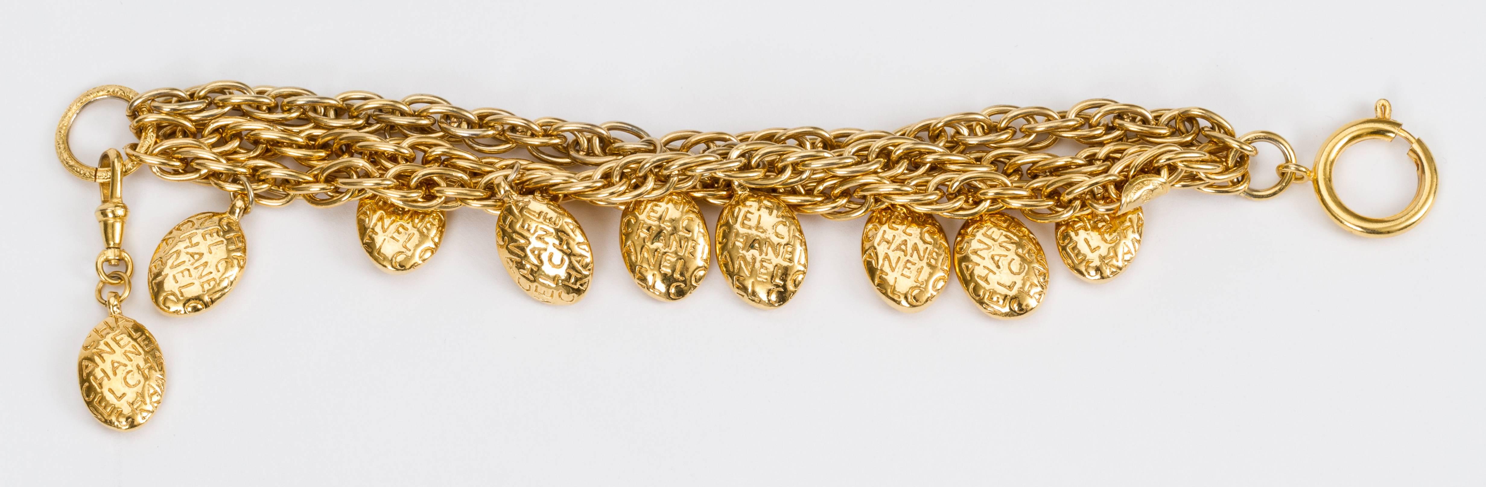 1970's Chanel Triple Strand Gold Nugget Charm Bracelet In Excellent Condition In West Hollywood, CA