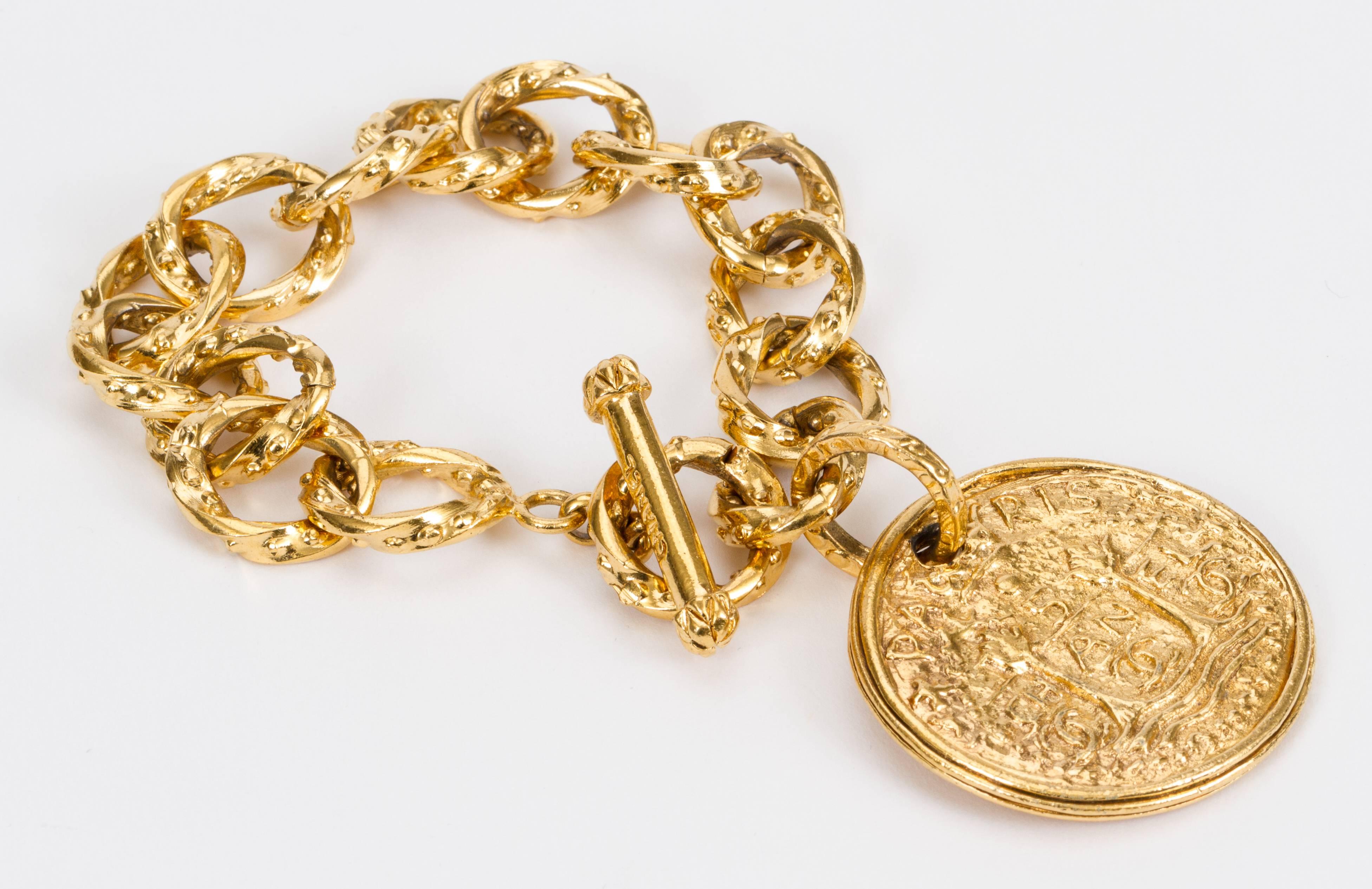 Chanel Gold Plated Oversize Tarot Coin Chain Bracelet In Excellent Condition In West Hollywood, CA