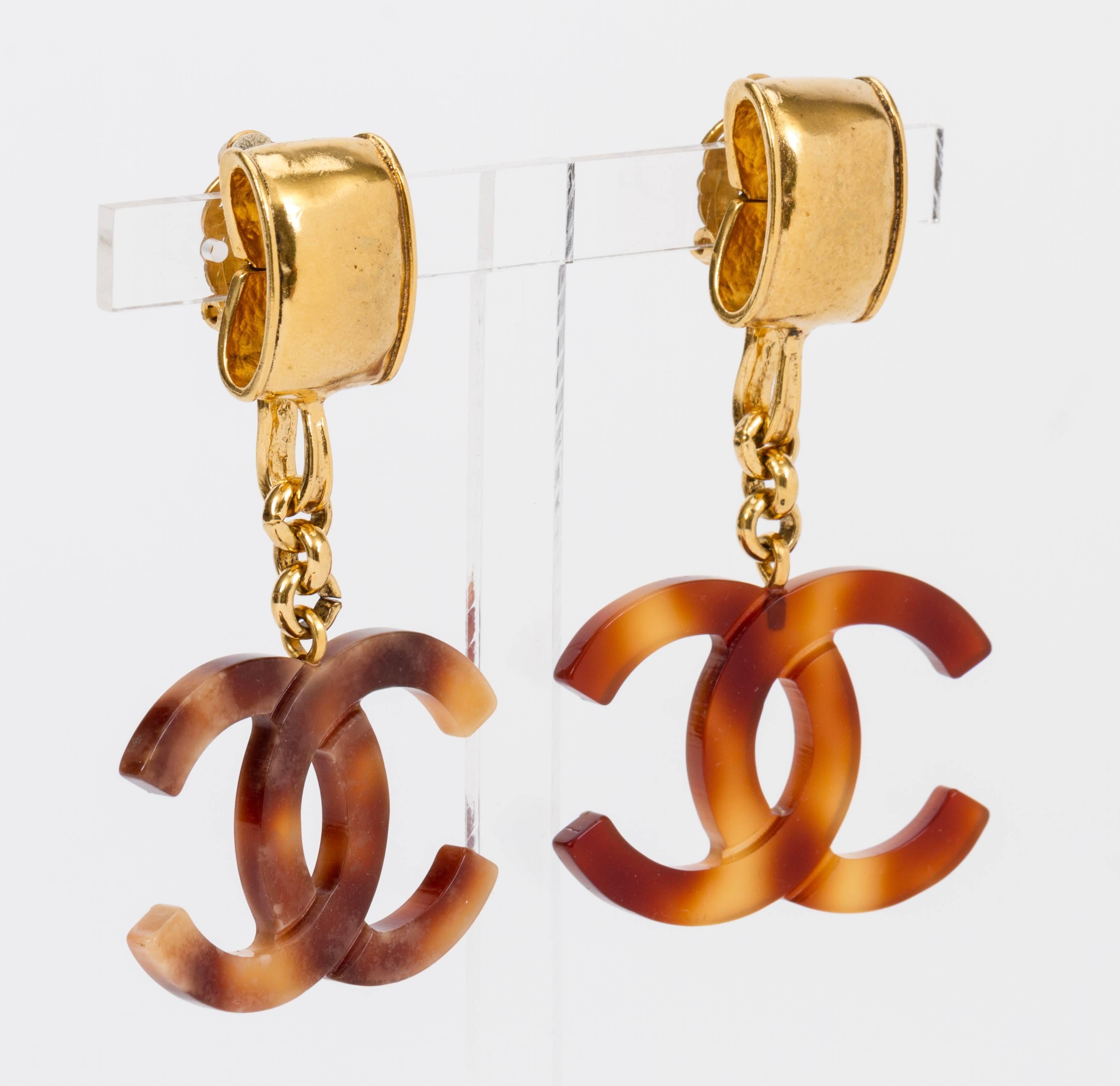 Chanel goldtone metal clip-back earrings with faux-tortoise 