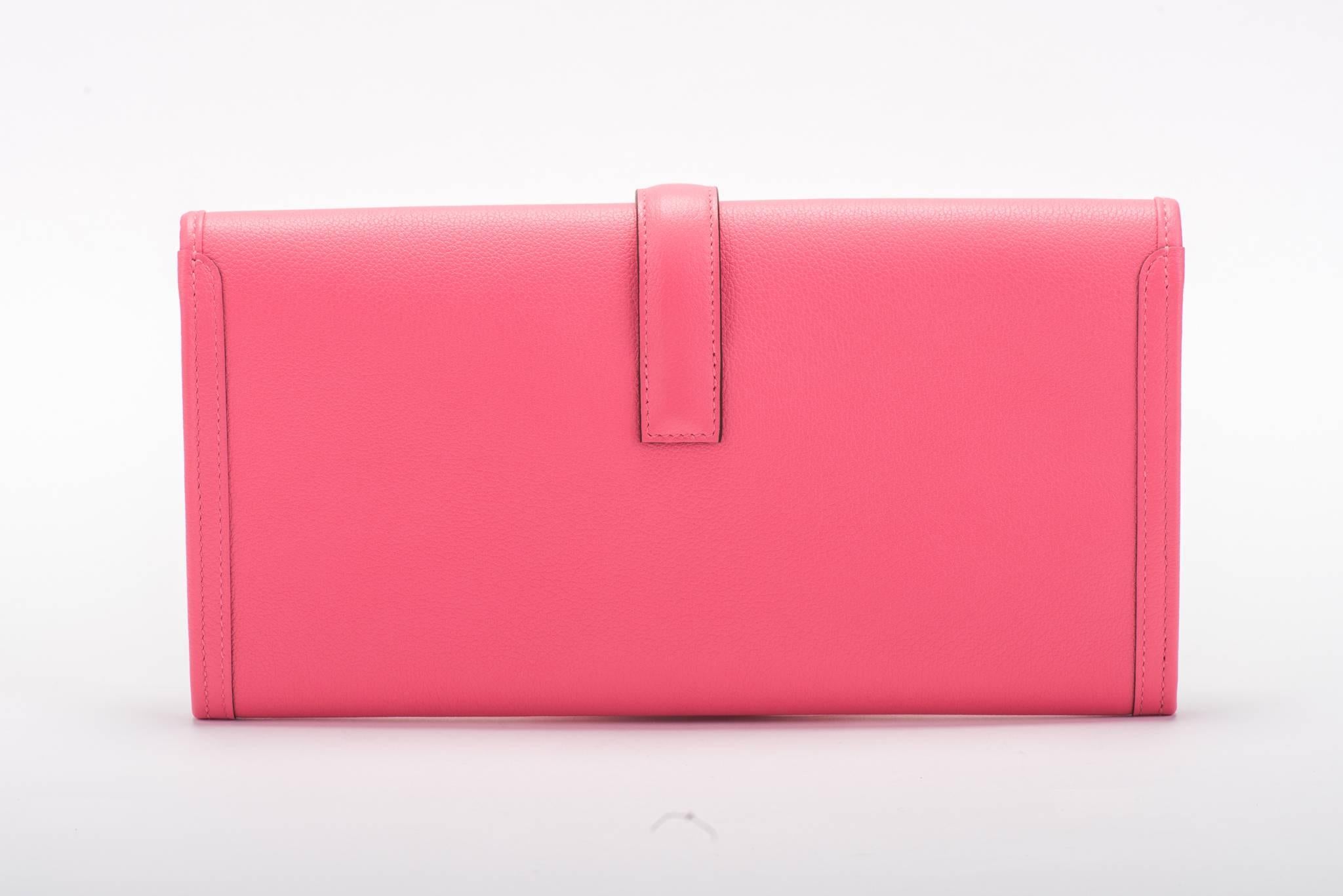 Pink New in Box Hermes Jige Elan Rose Azalee Swift Clutch Bag