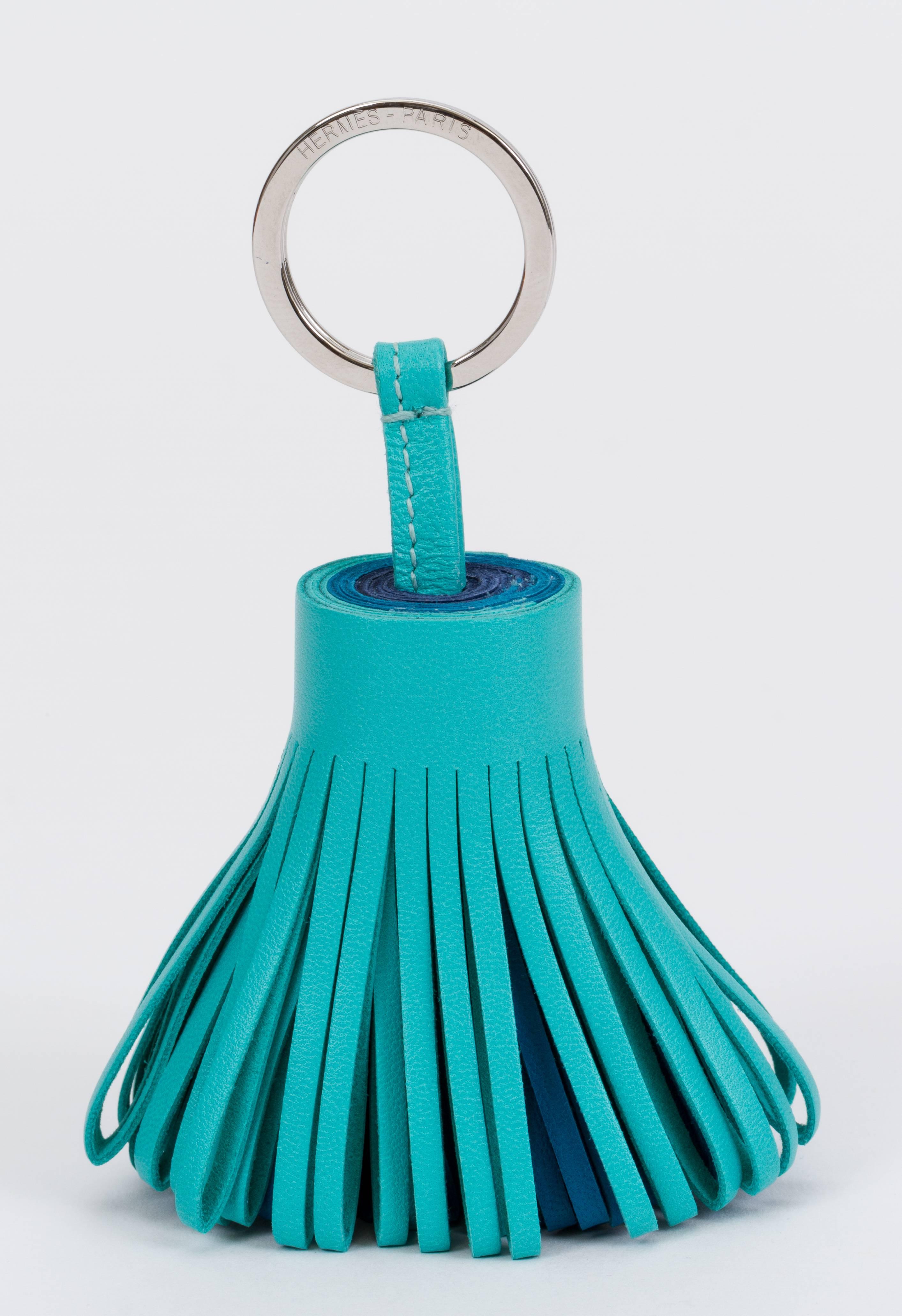 Hermes SOLD OUT worldwide tricolor tassel keychain. Soft lambskin in blue cobalt, blue canard, bue lagoon. Brand new comes with box, ribbon and gift bag.
