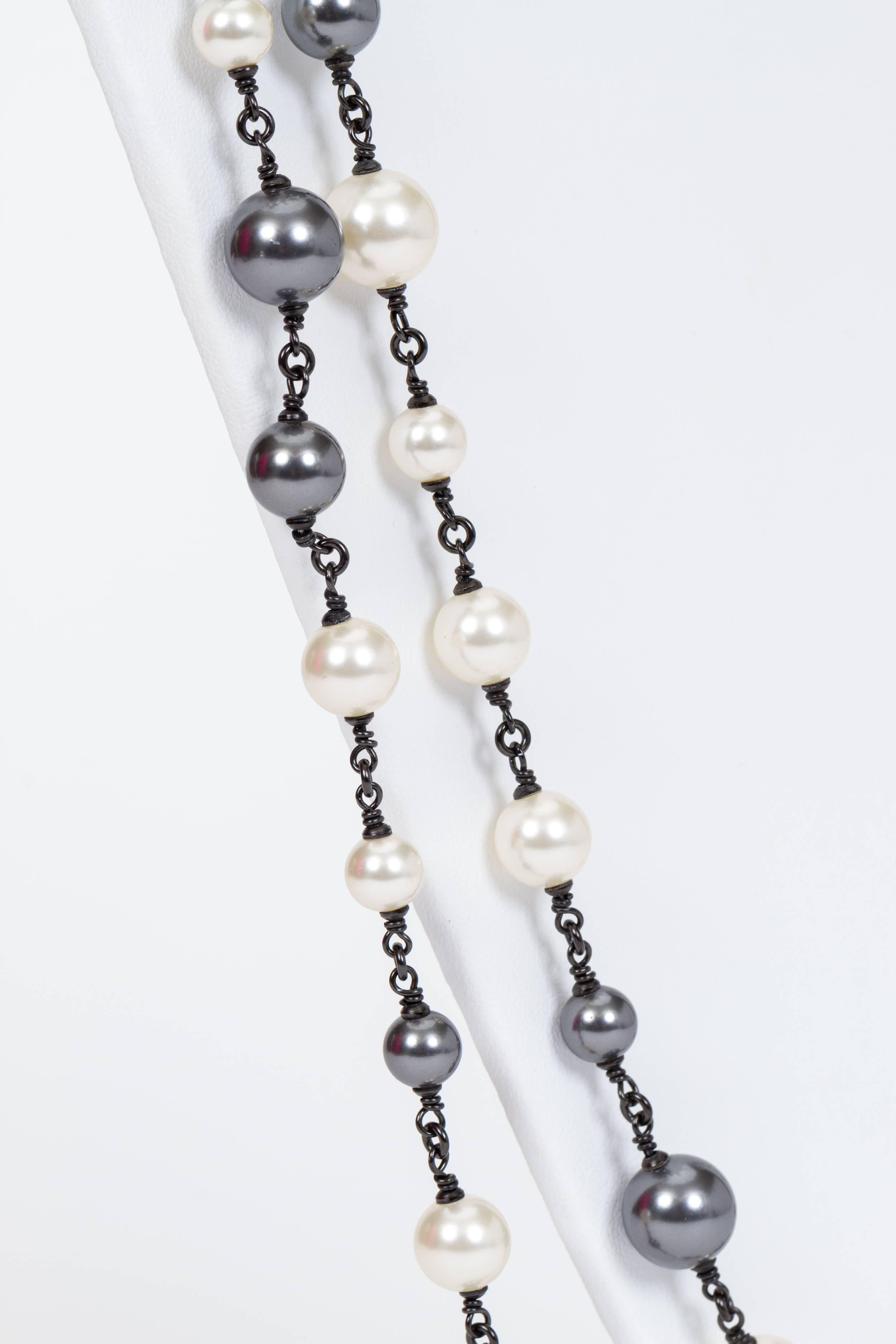 Women's Chanel Double Strand White Grey Pearl CC Chain Necklace