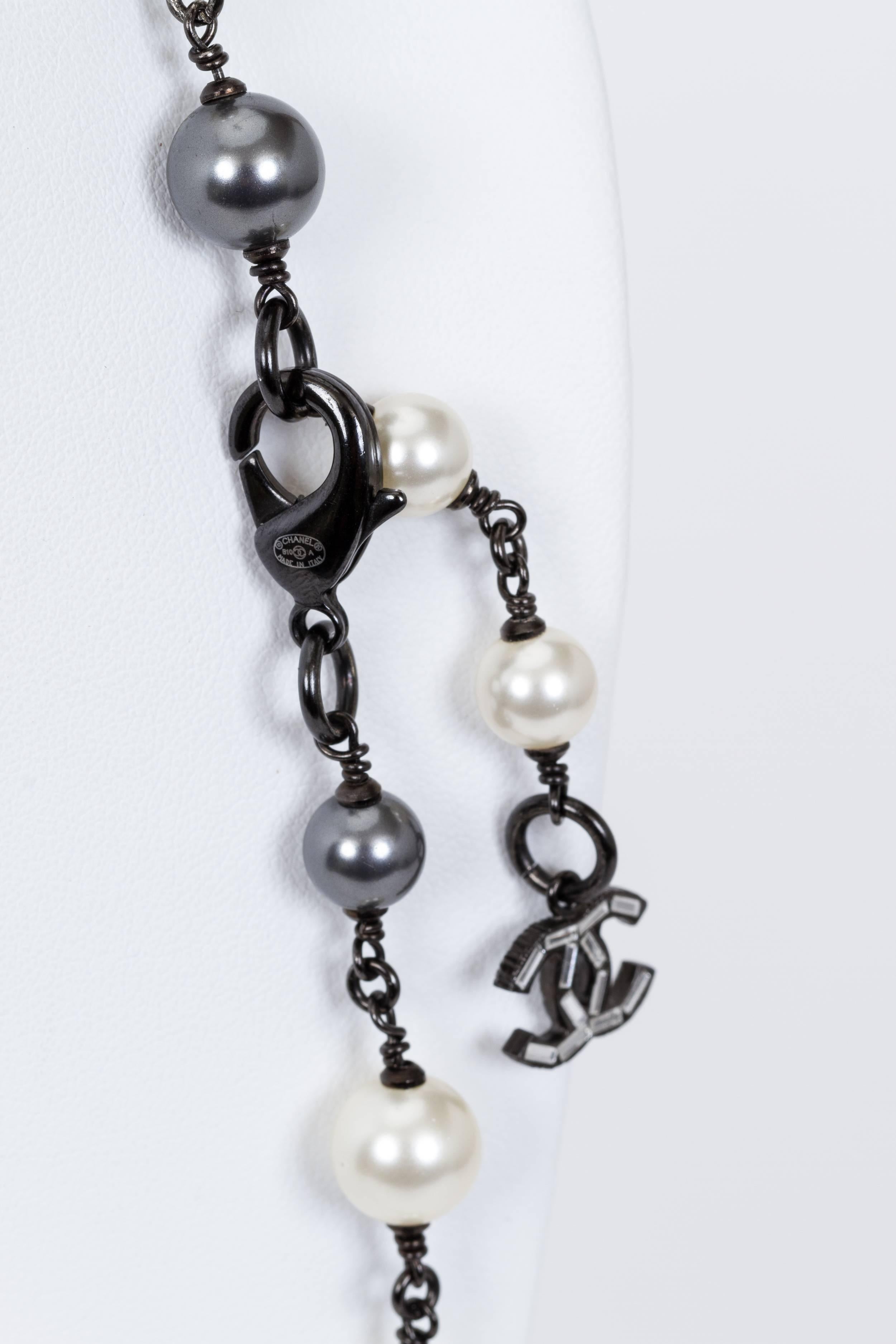 Chanel Double Strand White Grey Pearl CC Chain Necklace 1