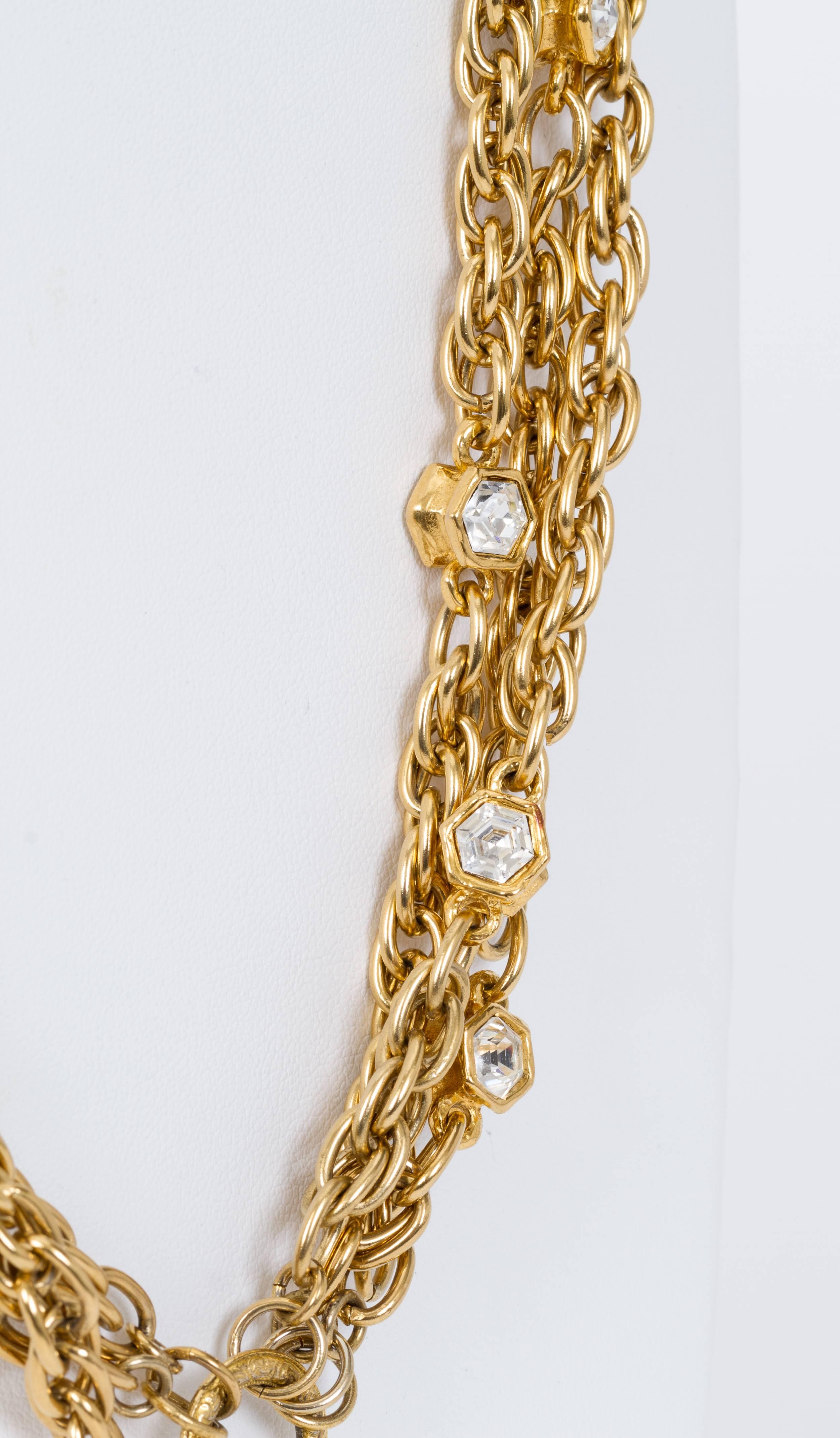 1970's Vintage Chanel Rare Multi-strand Crystal Gold Necklace In Excellent Condition In West Hollywood, CA