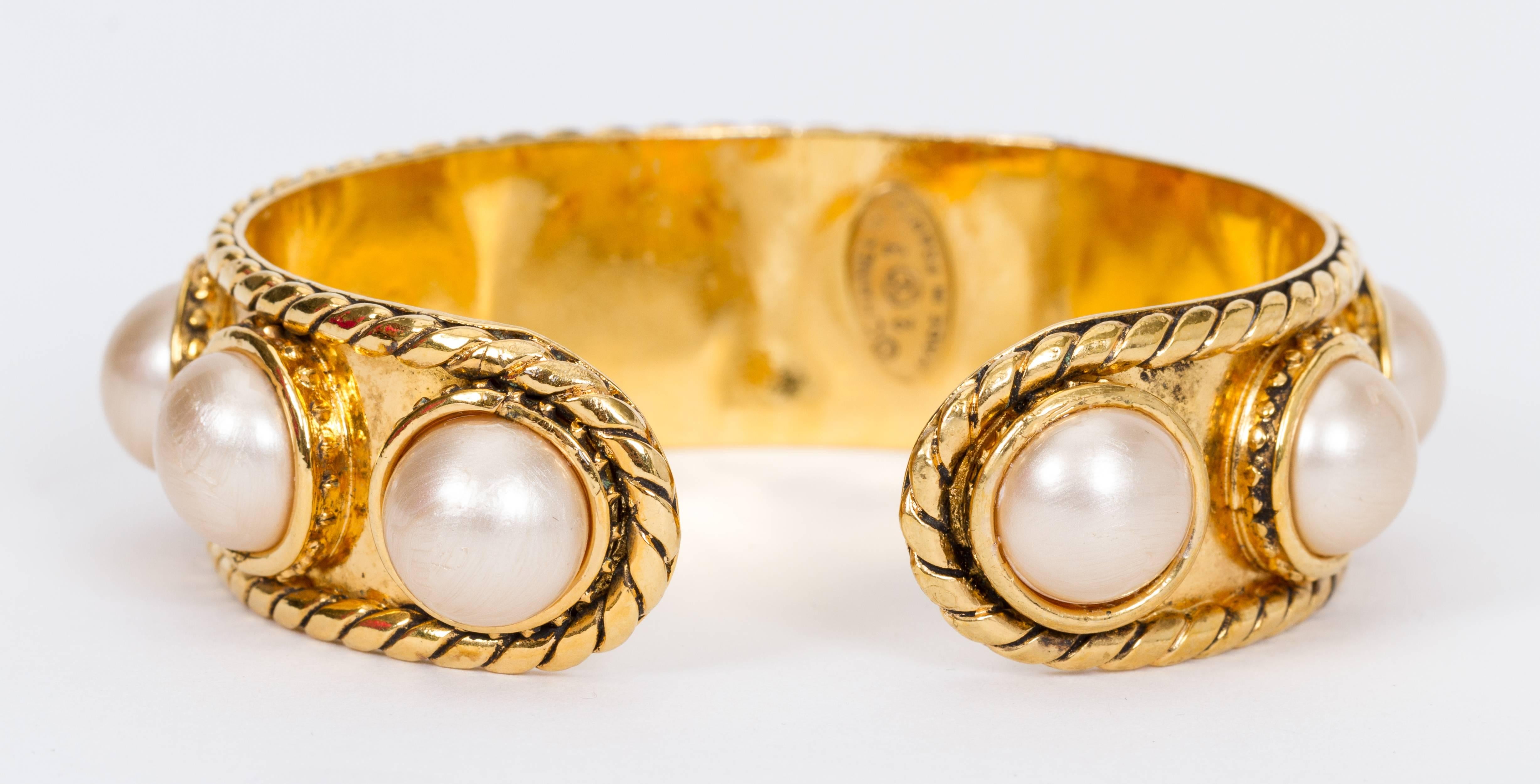 Chanel Gold Pearl Rigid Cuff Bracelet In Good Condition In West Hollywood, CA