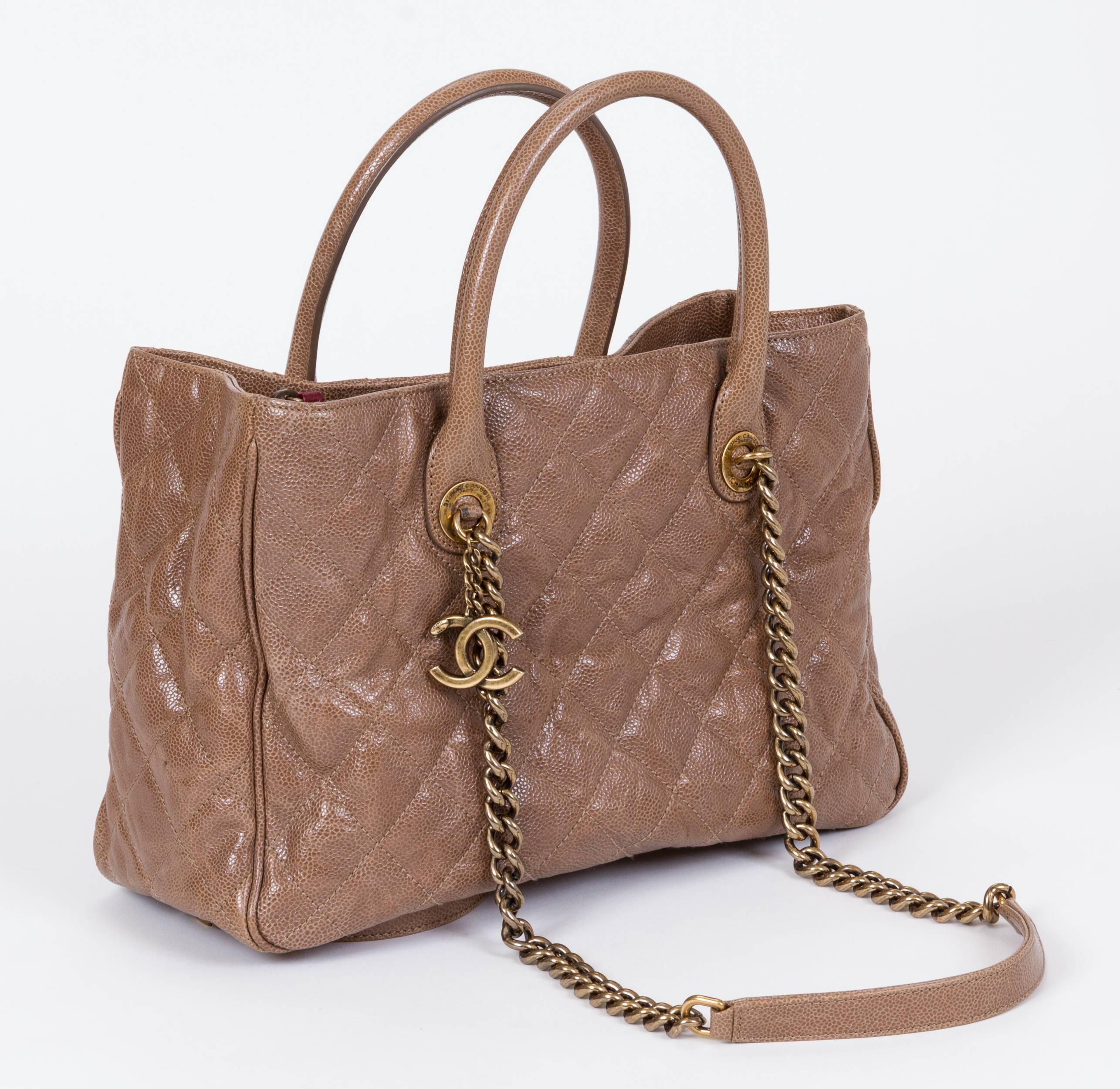 Brown Chanel Camel Glazed Caviar 2 Way Tote