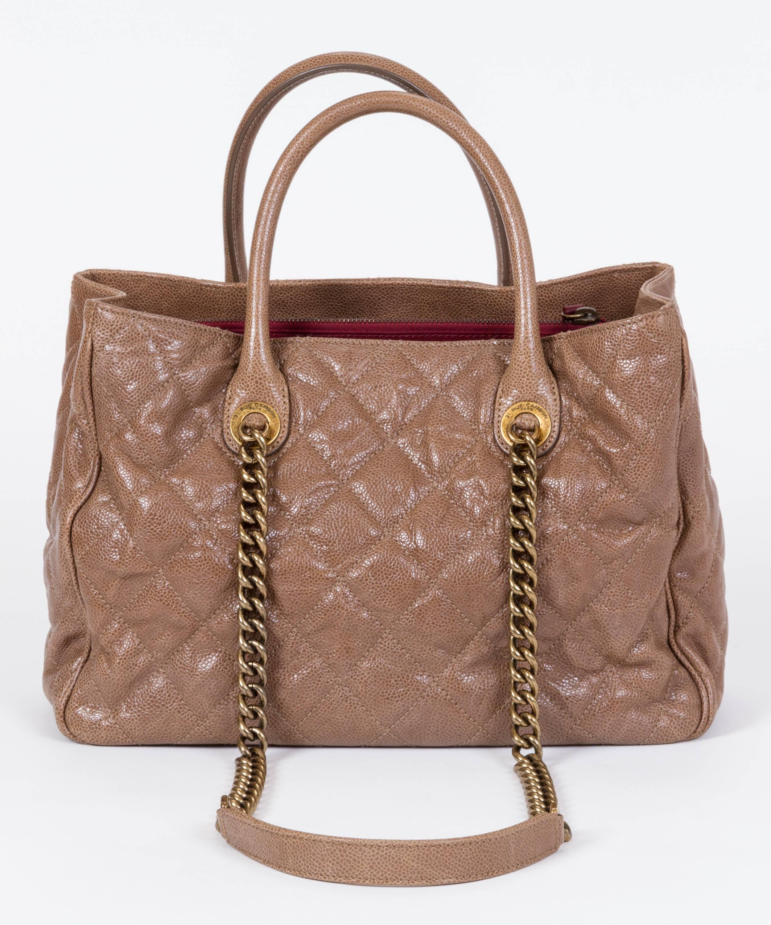 Chanel Camel Glazed Caviar 2 Way Tote In Excellent Condition In West Hollywood, CA