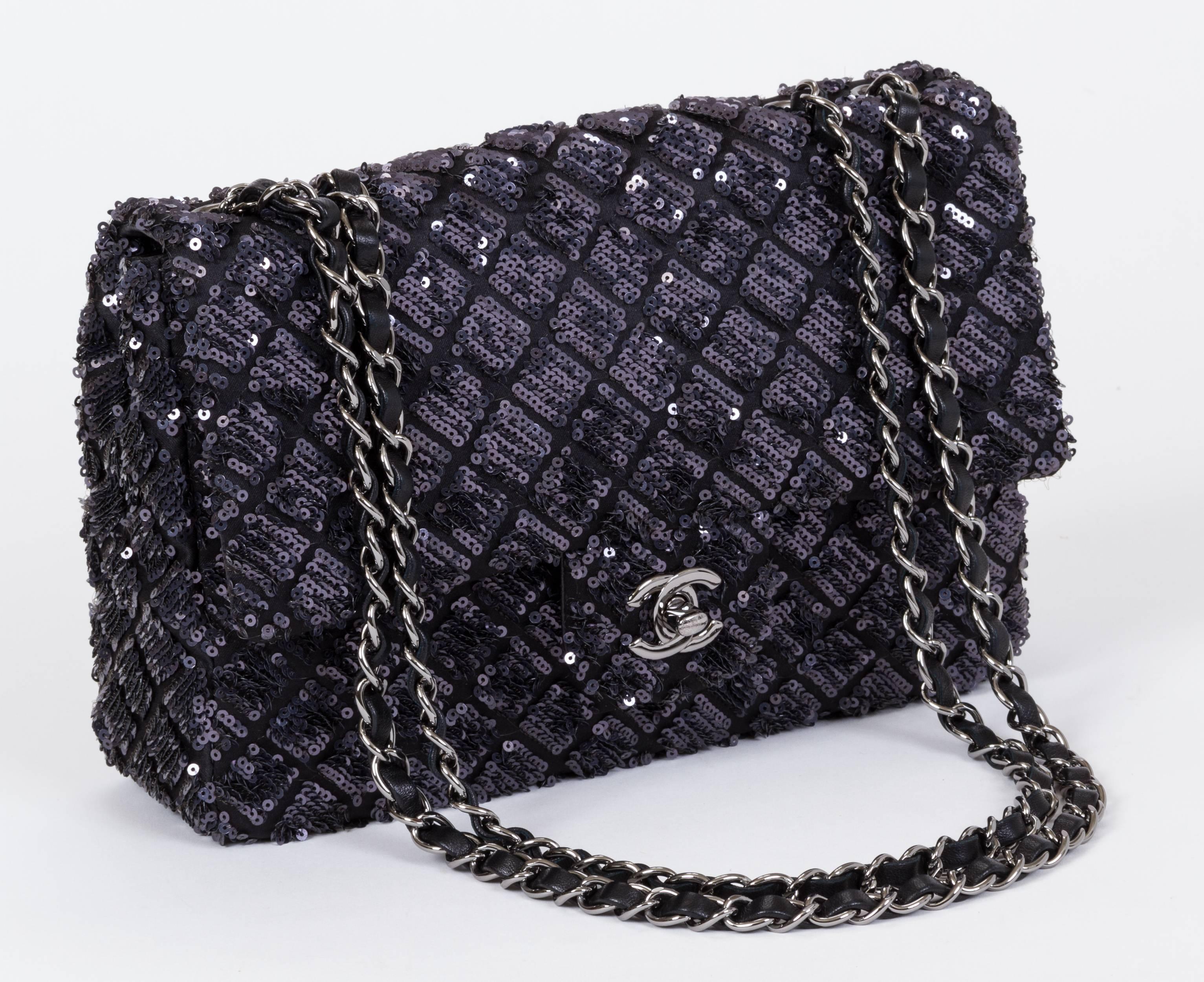 Chanel grey and black sequins medium flap in excellent condition. Collection 2012/2013. Shoulder drop 11.5
