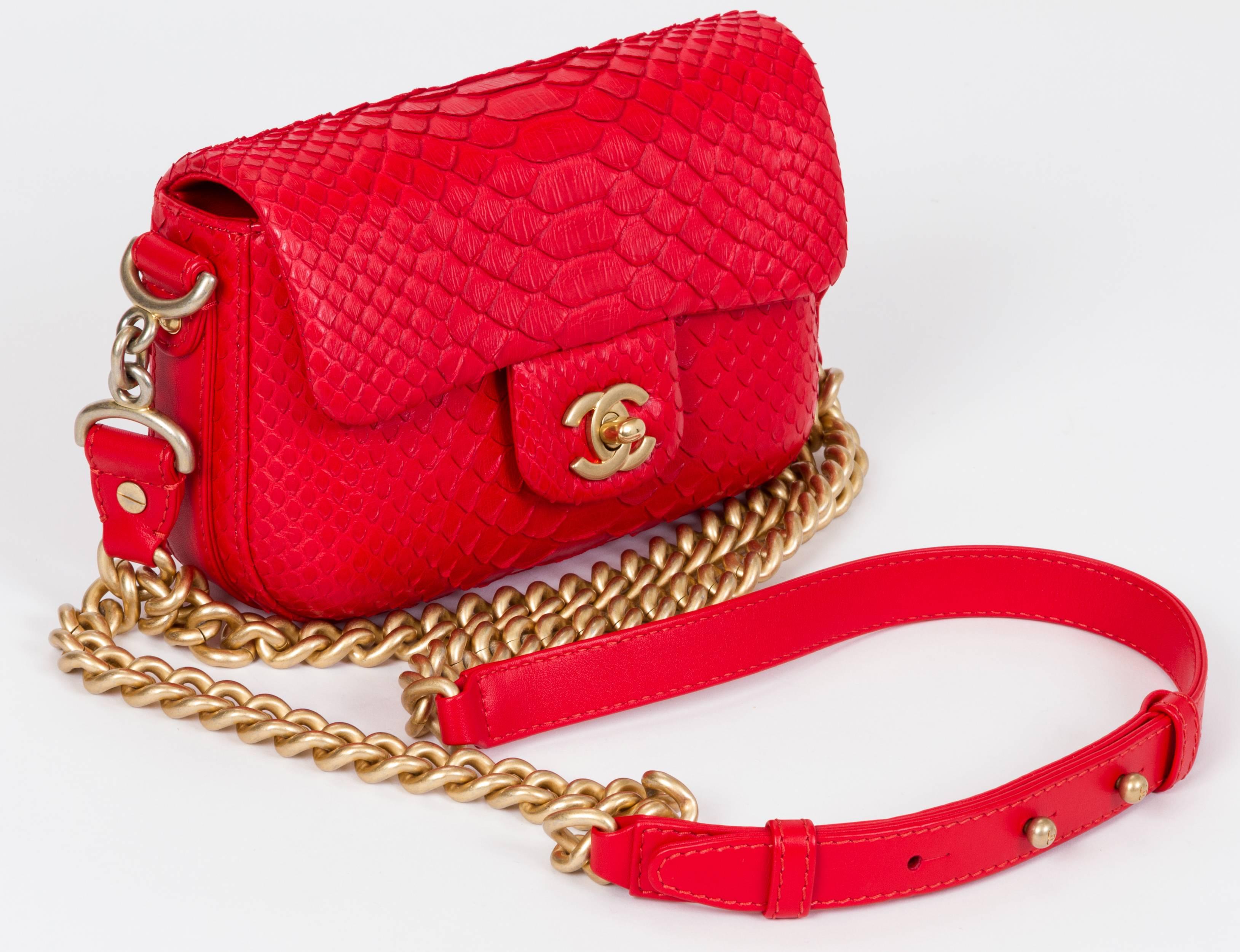 New Chanel Red & Gold Python Cross Body In New Condition In West Hollywood, CA