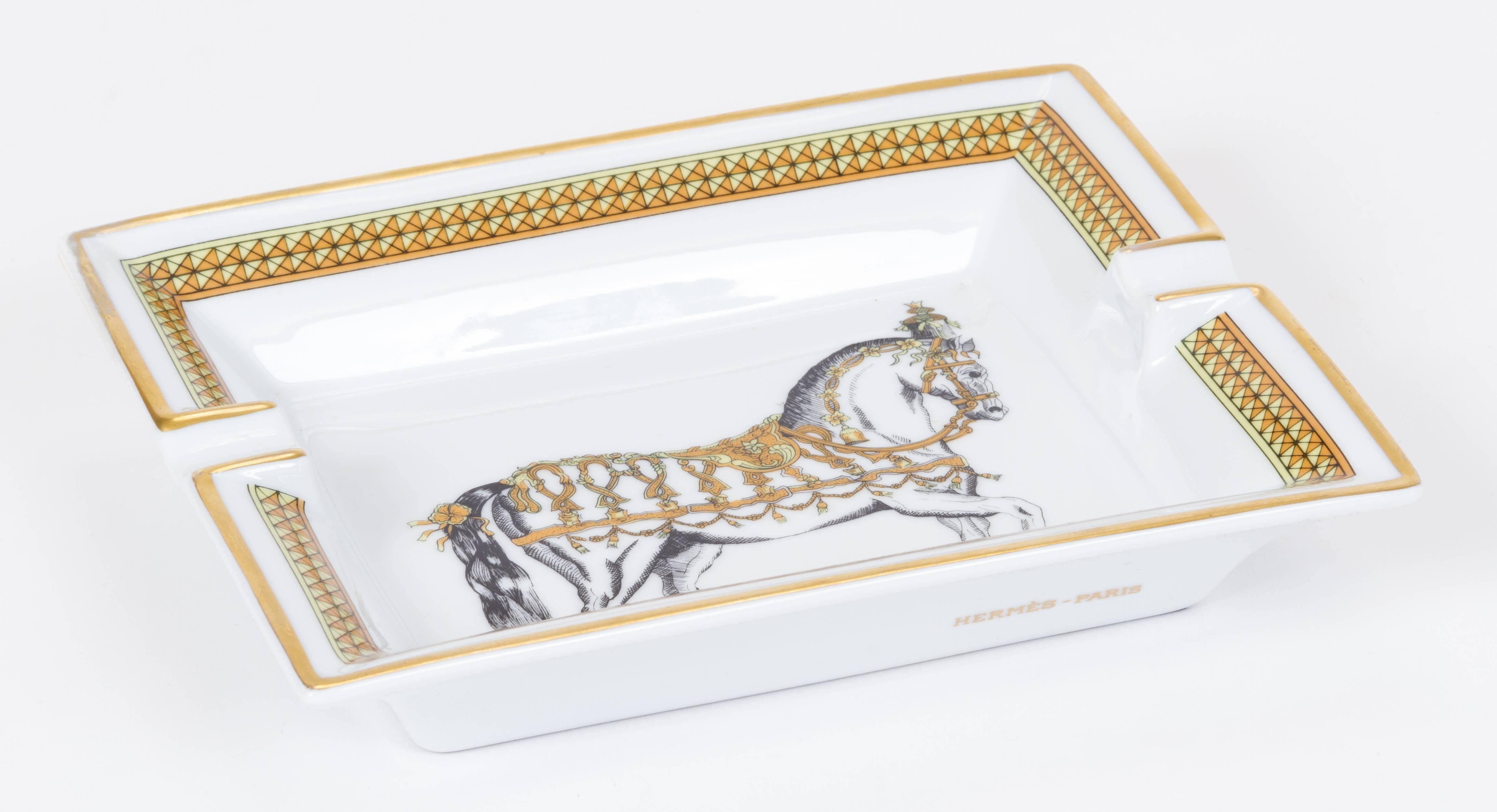 White Hermes Gold Horse Porcelain Ashtray