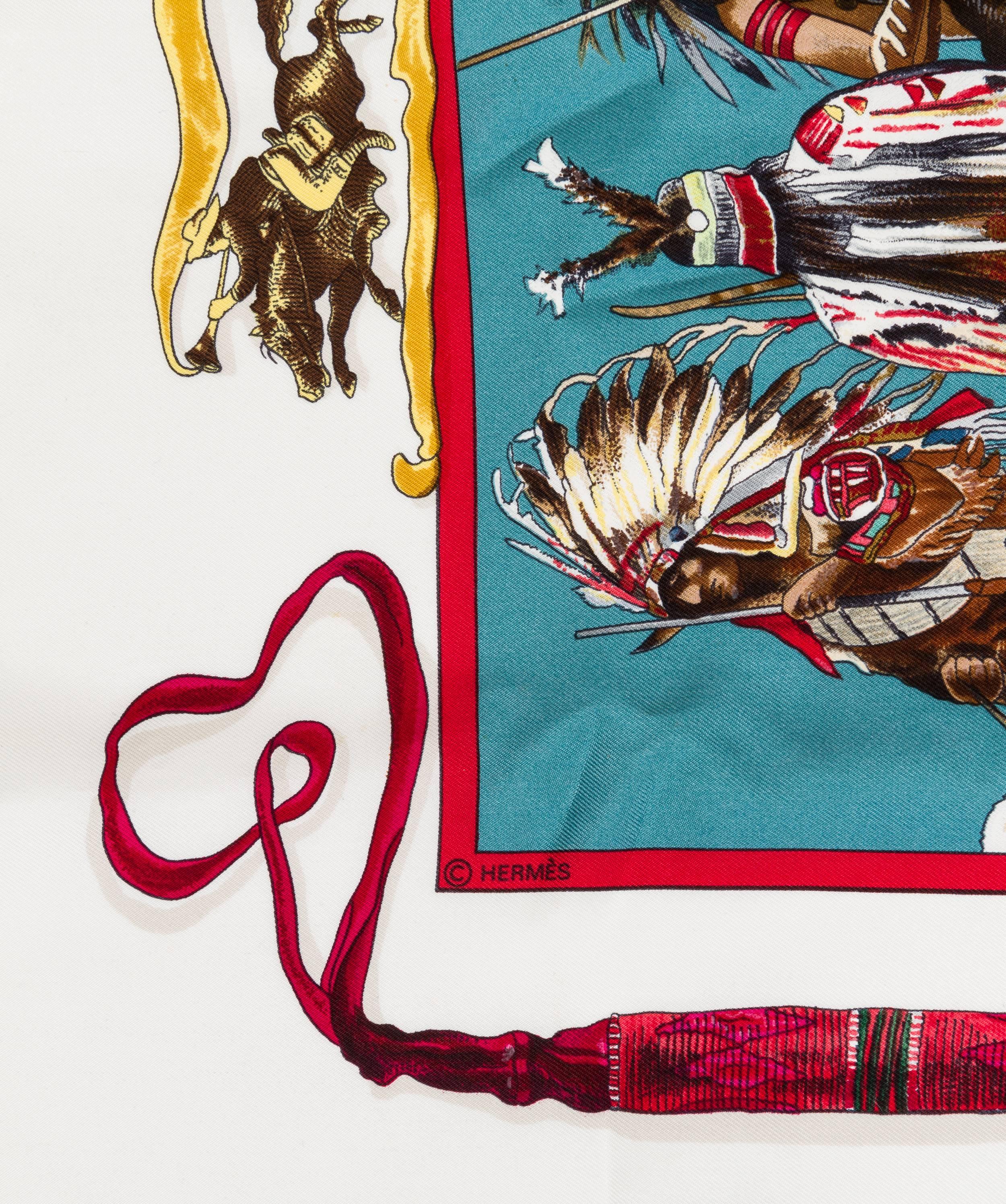 Hermès highly collectible Pony Express 100% silk twill scarf designed by US artist, Kermit Oliver. Issued in 1993. Ornate detail. Hand rolled edges. Comes in box.
