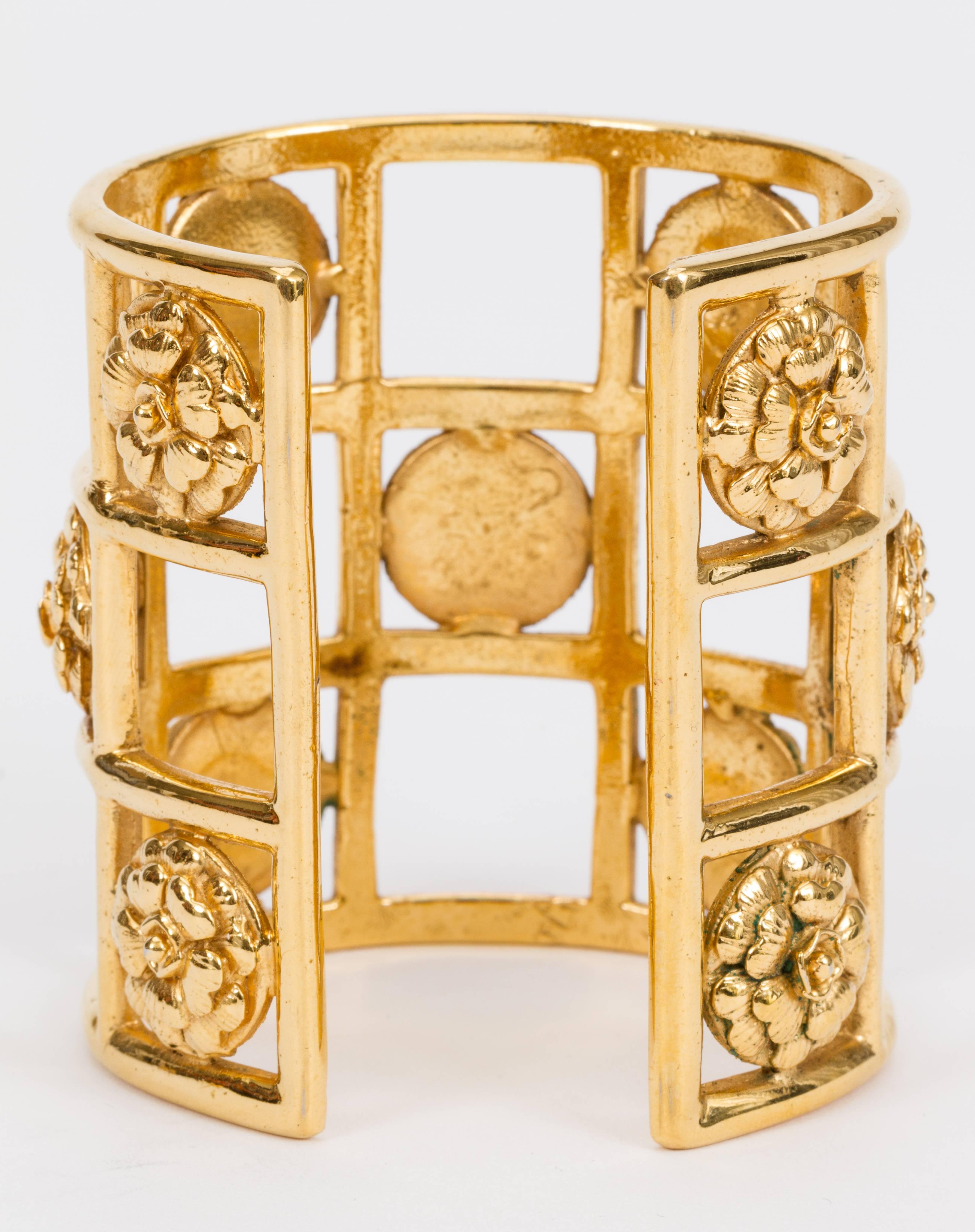 Women's Chanel Rare 1970's Camellia Flower Gold Cage Cuff Bracelet