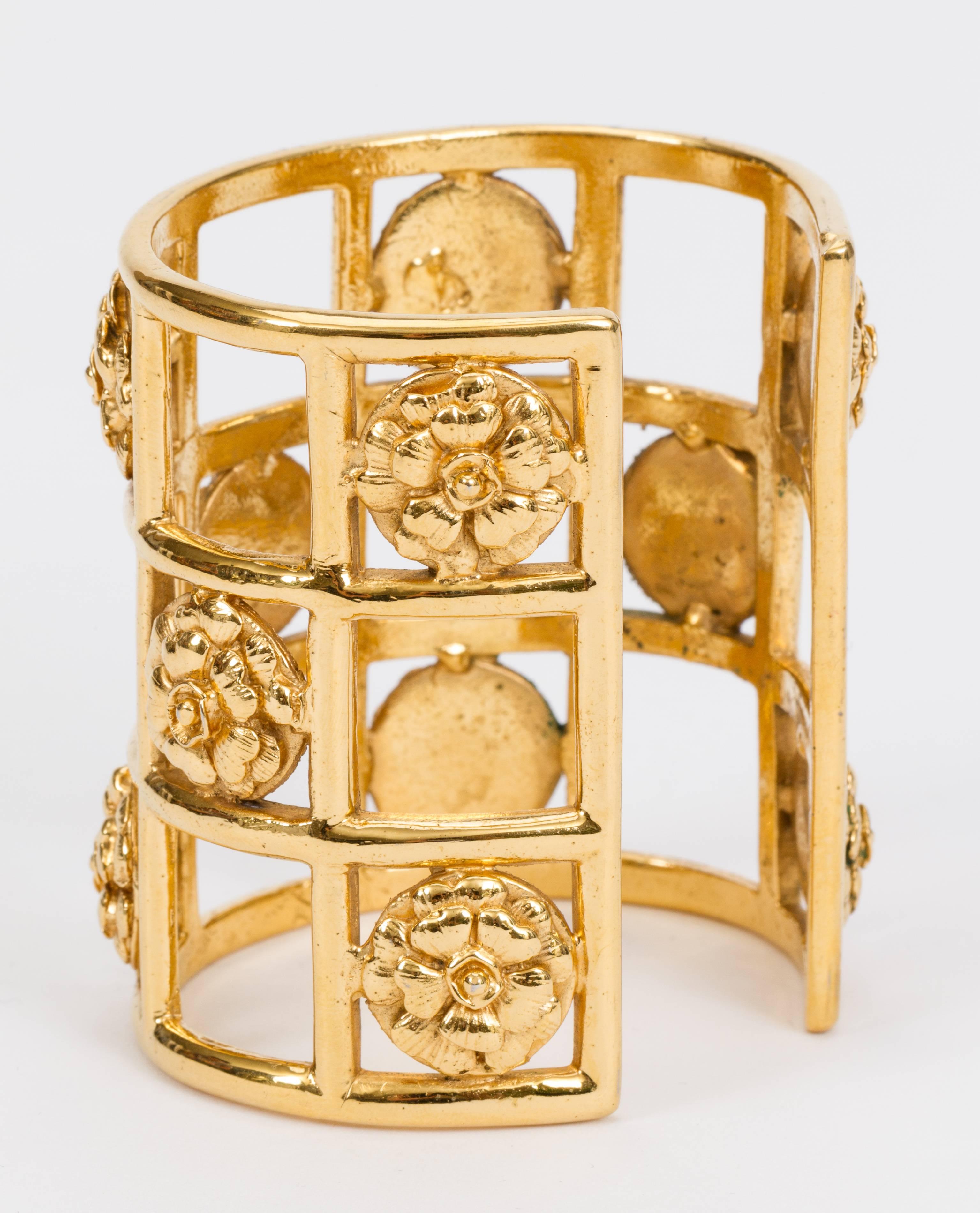 Chanel Rare 1970's Camellia Flower Gold Cage Cuff Bracelet 1
