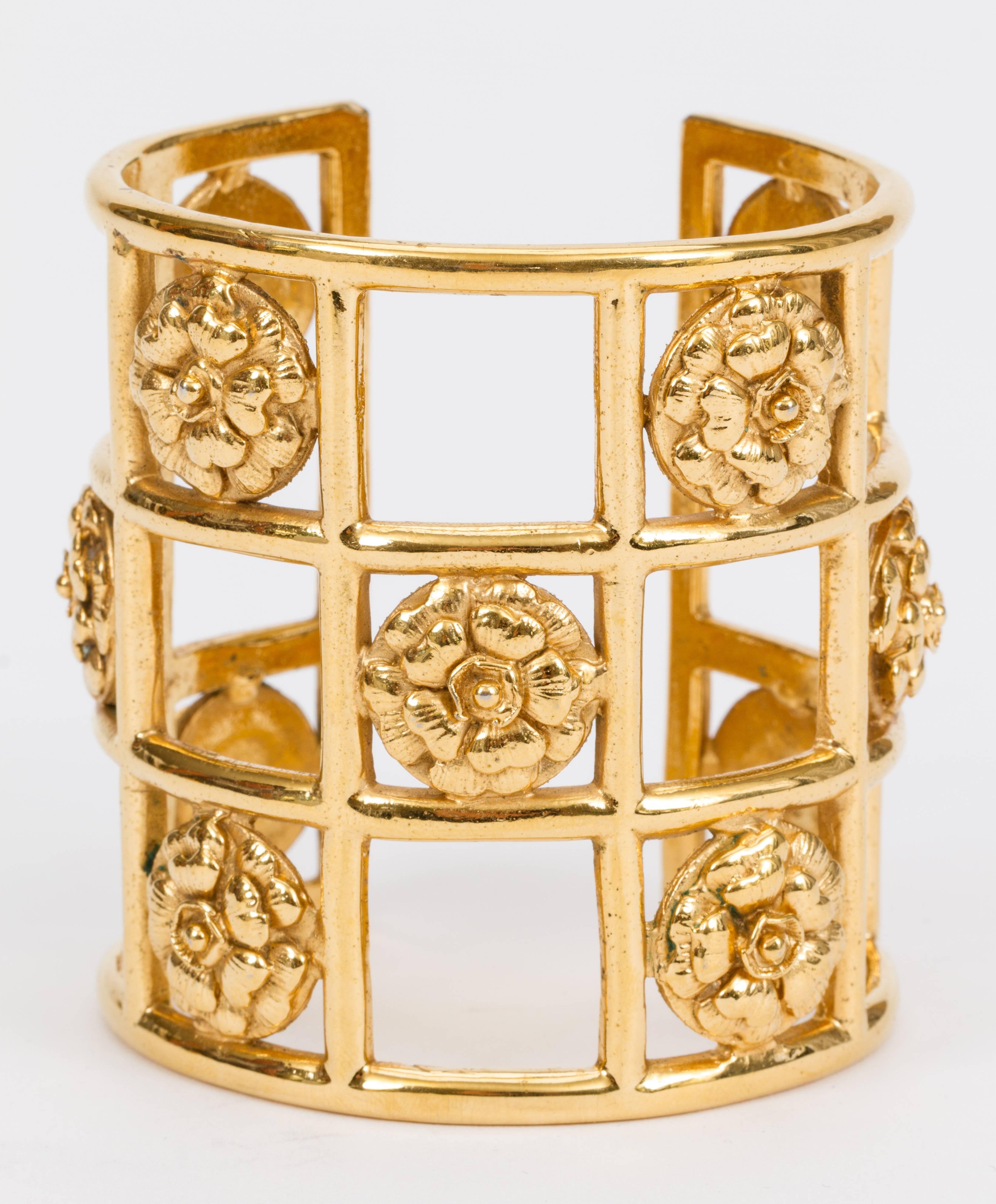Chanel Rare 1970's Camellia Flower Gold Cage Cuff Bracelet 2
