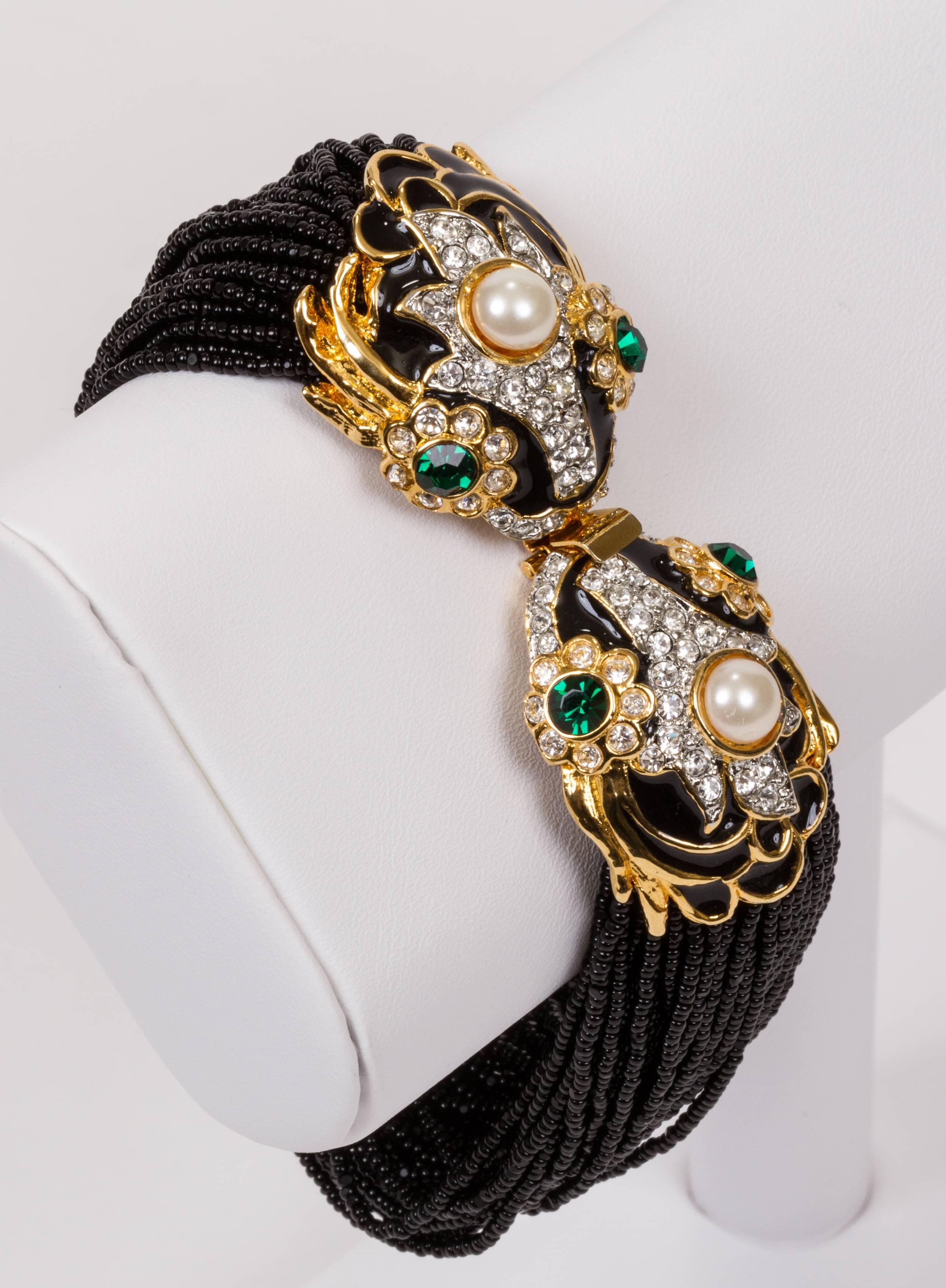 1980's Kenneth Jay Lane Multi Strand Black  Bead Rhinestone Bracelet In Excellent Condition In West Hollywood, CA