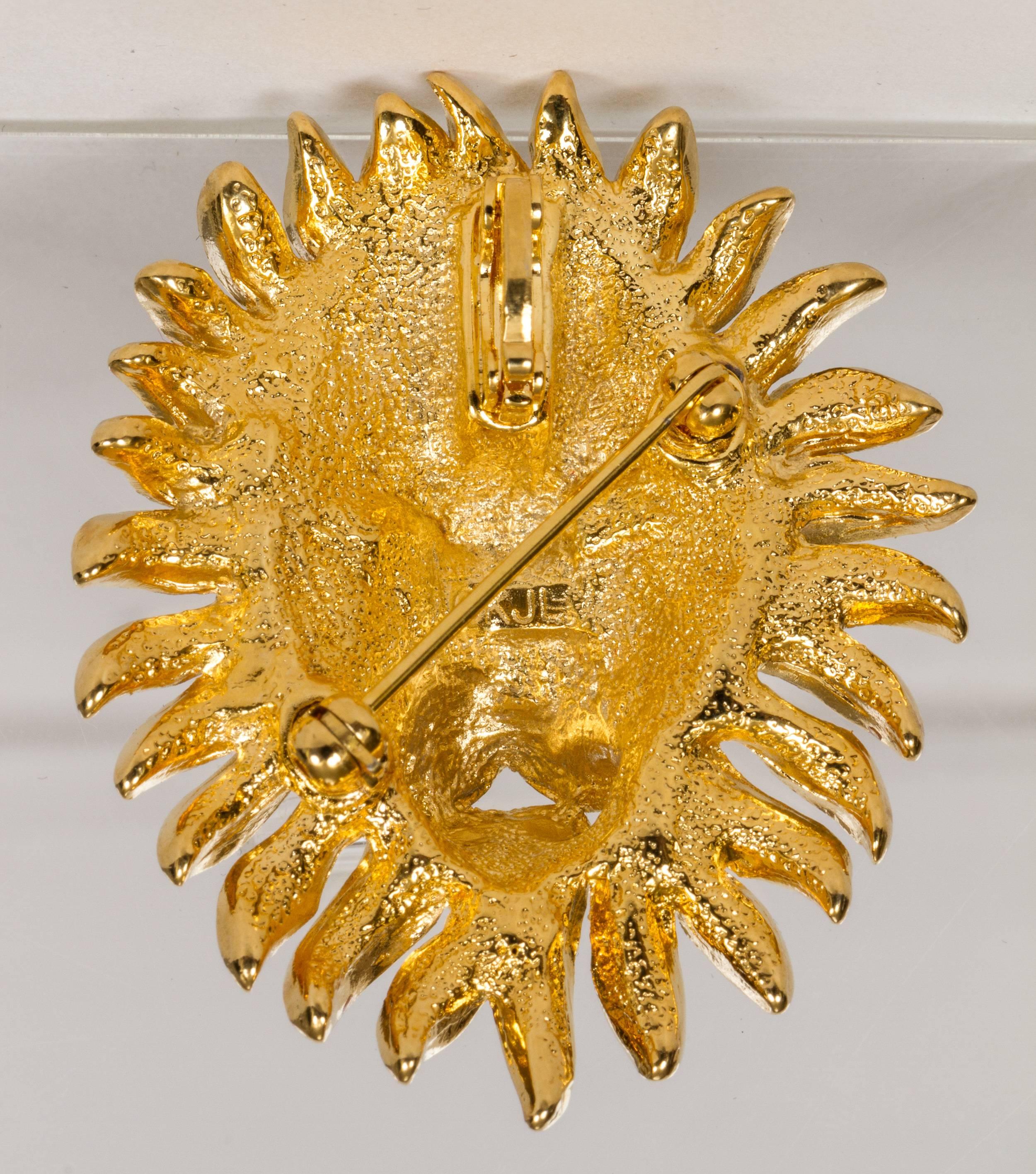 1980's Kenneth Jay Lane Gold Plated Rhinestone Lion Pin In Excellent Condition In West Hollywood, CA
