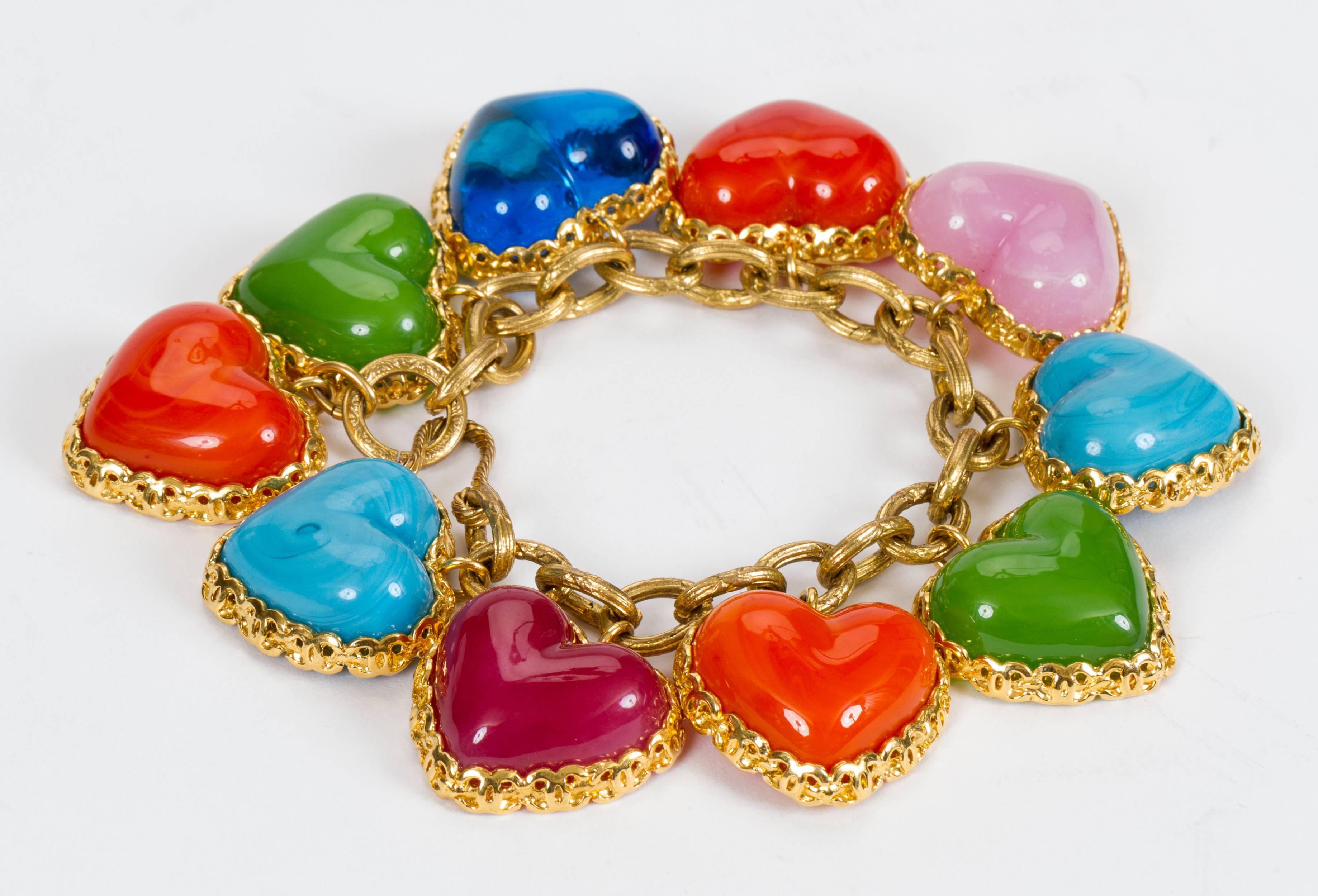 Chanel rare and collectible multicolor heart gripoix charm bracelet. Collection 26, mid 80s by Victoire de Castellaine. Comes with original box.