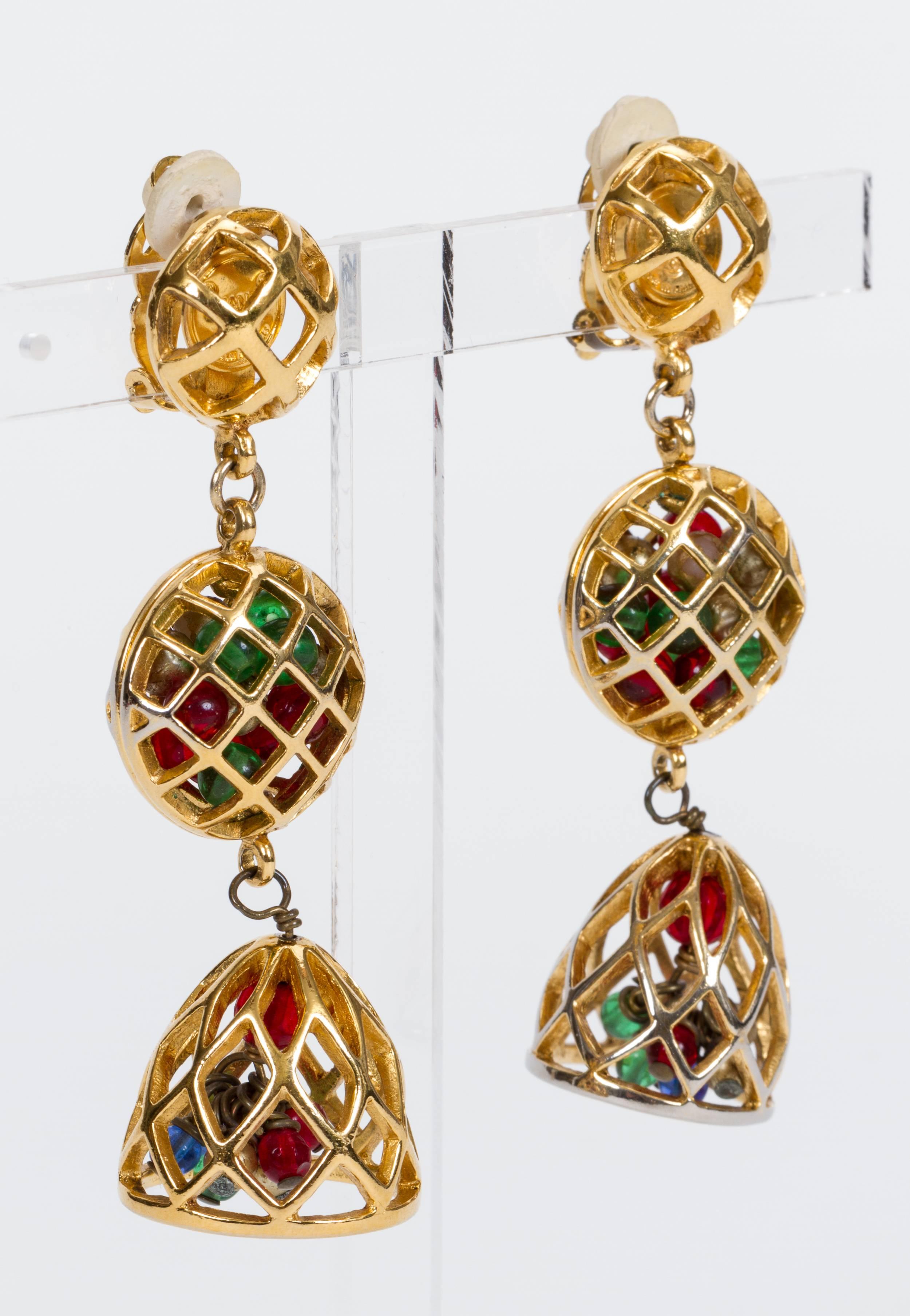 Chanel rare and collectible cage gripoix drop earrings. 70s Collection. Come with original box.
