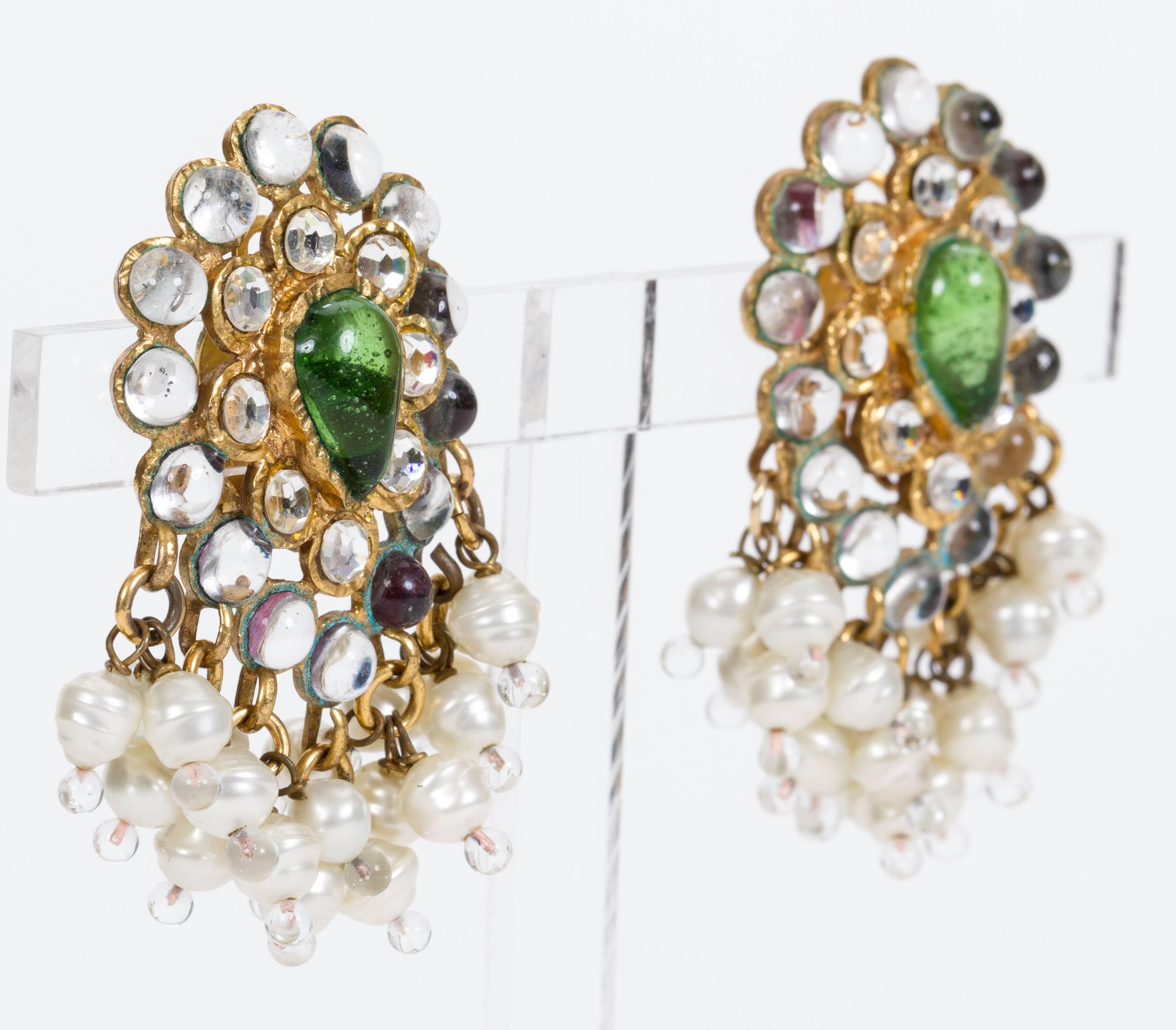 Chanel 70s Indian style rare gripoix dangle earrings. Celeste and green gripoix and faux pearl dangles. Come with original box.
