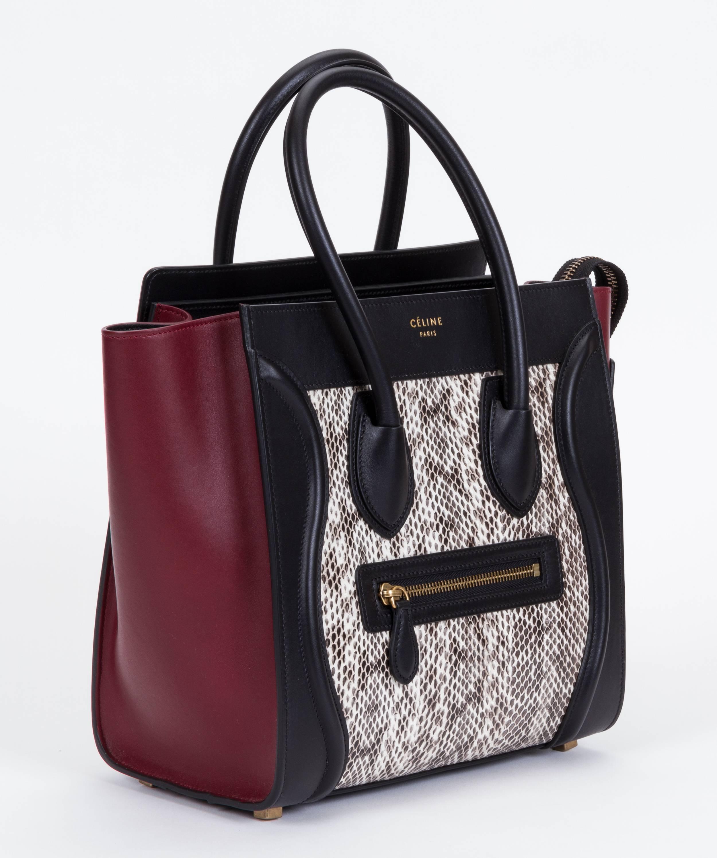 Celine brand new micro luggage handbag in limited edition tricolor water snake leather. Burgundy . black and white combinations. Zipper closer and outer zipped pocket, inner zipped pocket and double flat pockets. Comes with original tag and dust