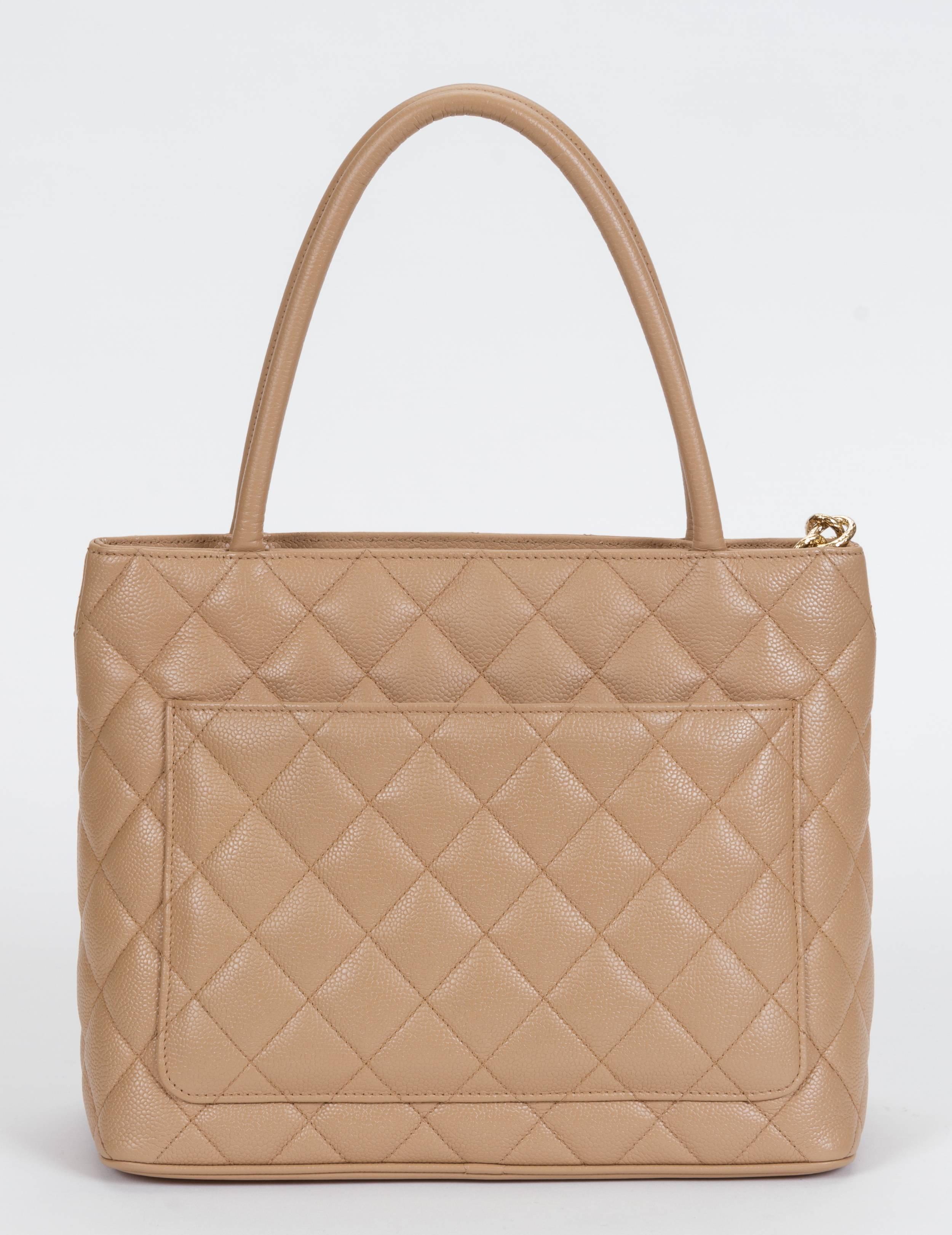 Brown Chanel Camel Caviar Medallion Tote Bag