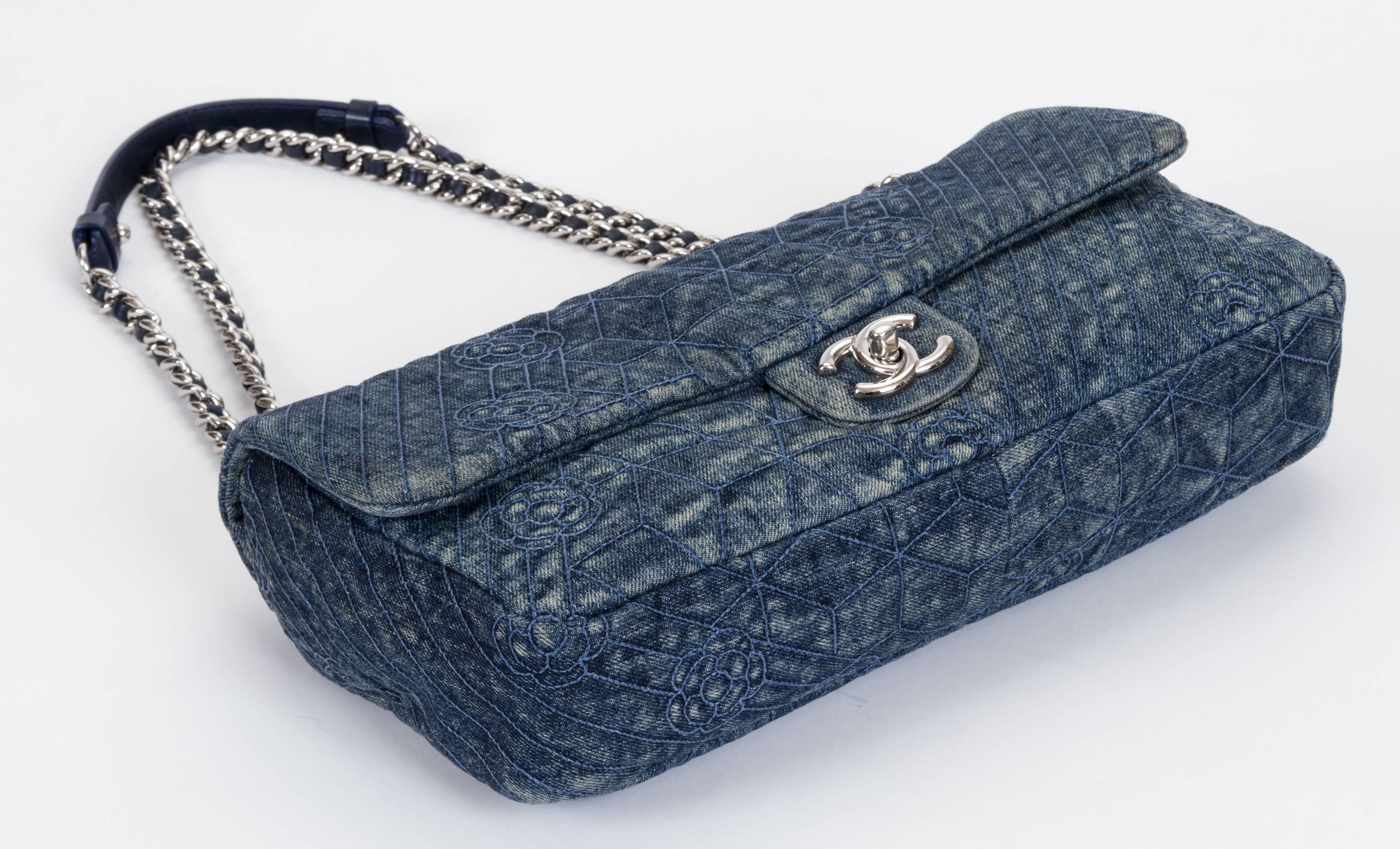 chanel denim camellia flap bag