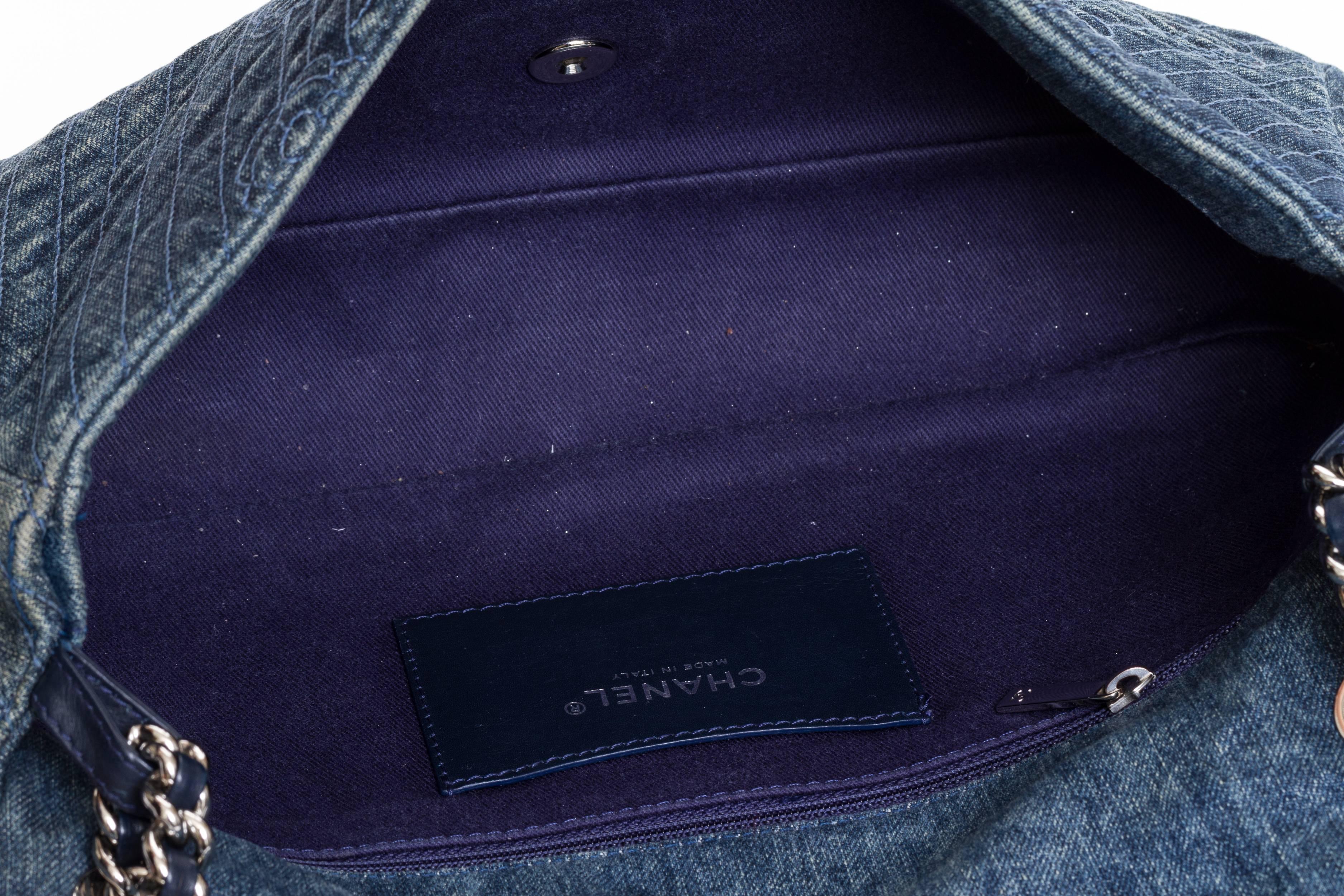 Chanel Denim Camellia Embossed Jumbo Bag In Good Condition In West Hollywood, CA
