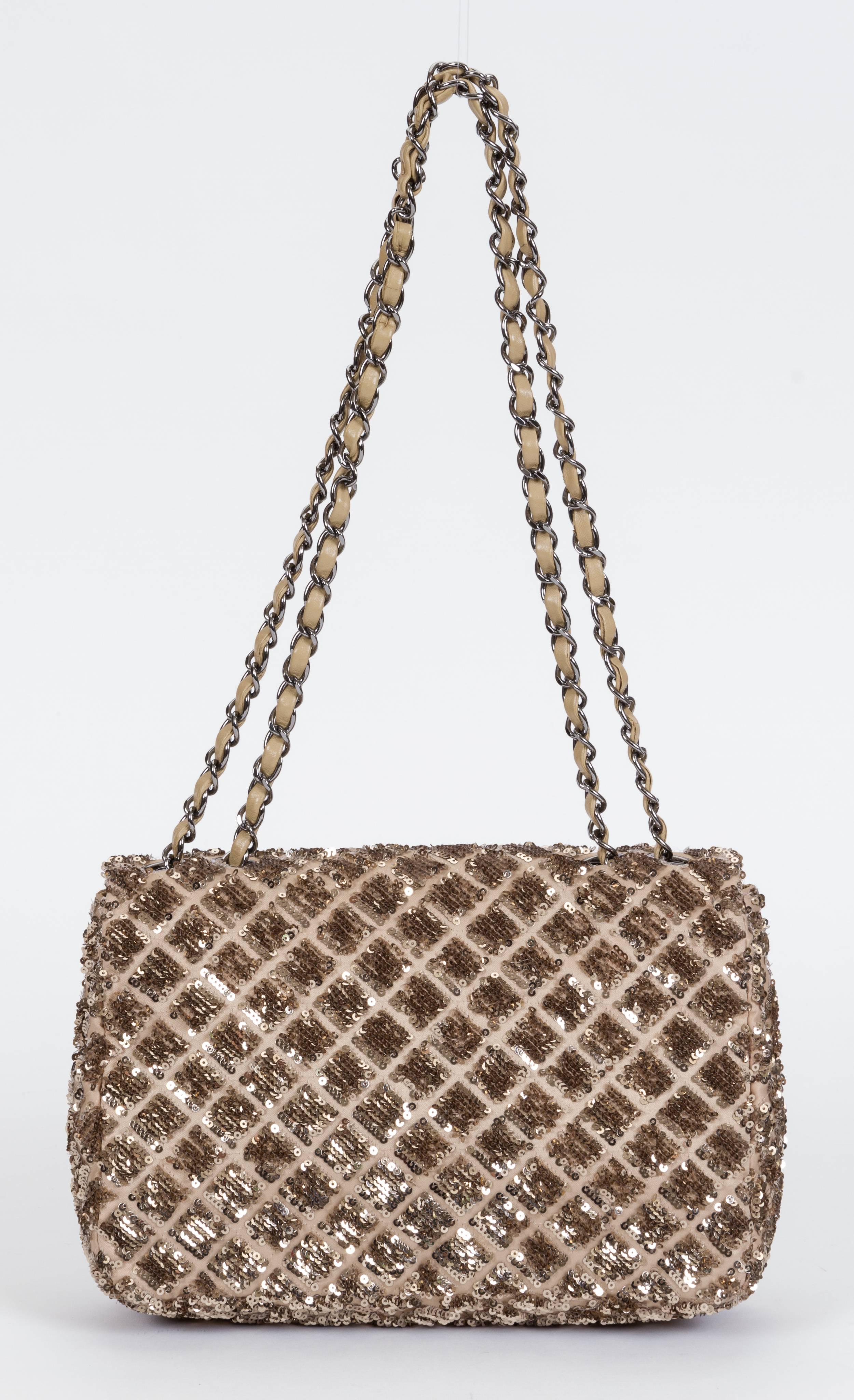 Brown Chanel Beige & Gold Sequins Flap Bag