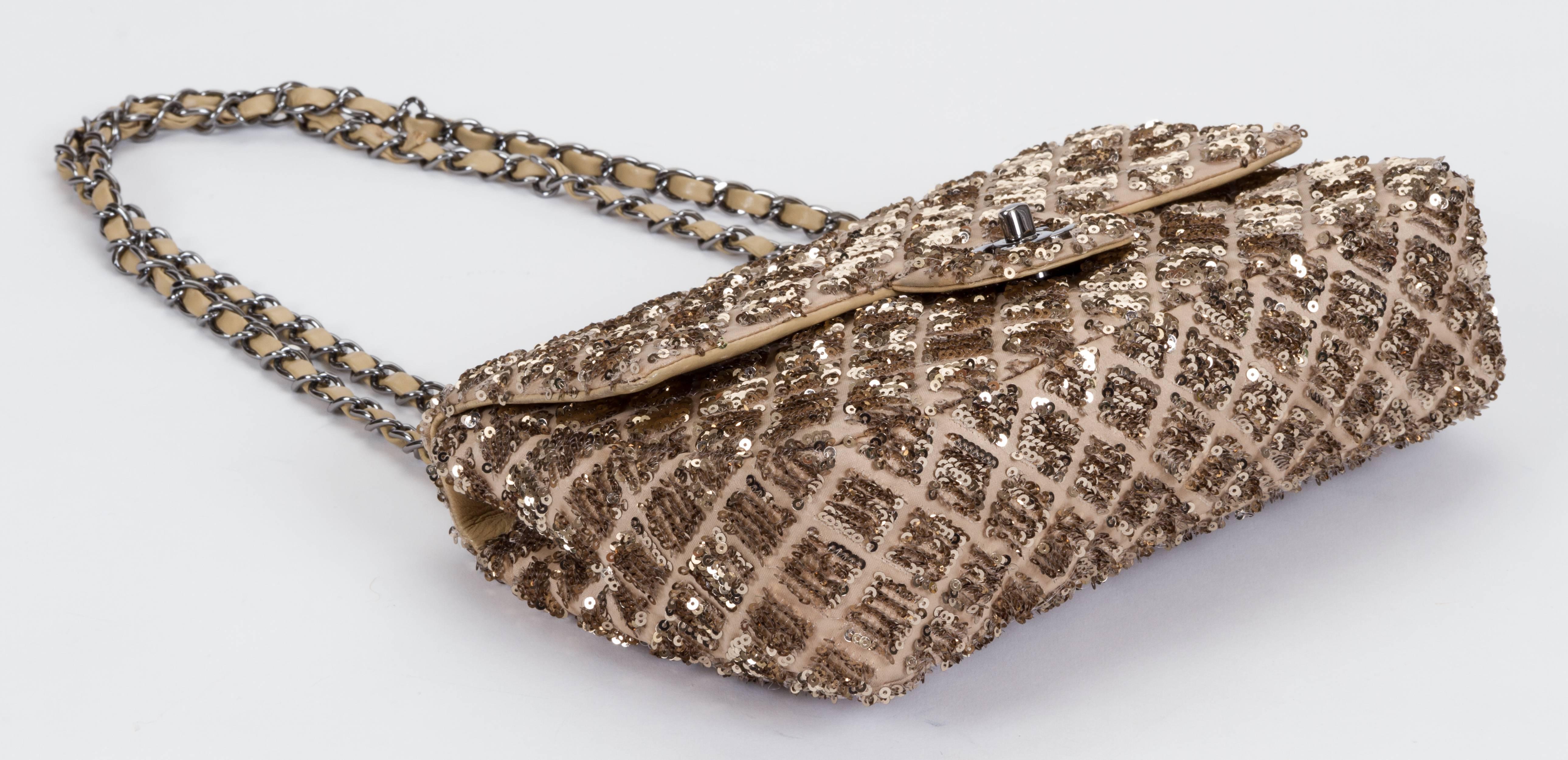 Chanel Beige & Gold Sequins Flap Bag In Good Condition In West Hollywood, CA