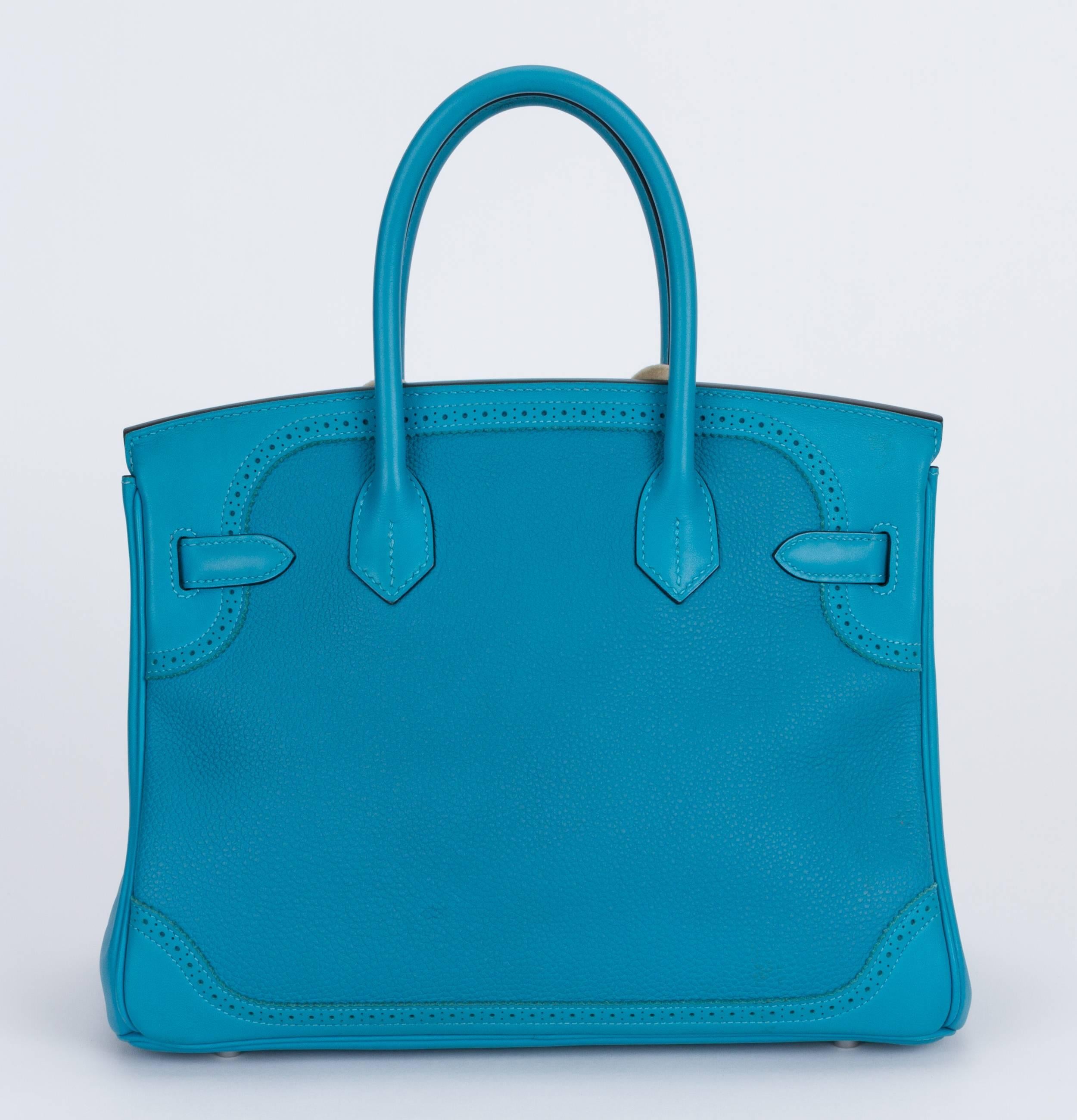 Hermès 30cm Ghillies Birkin in turquoise Togo and swift leather with palladium hardware. T stamp for 2015. Handle drop, 4