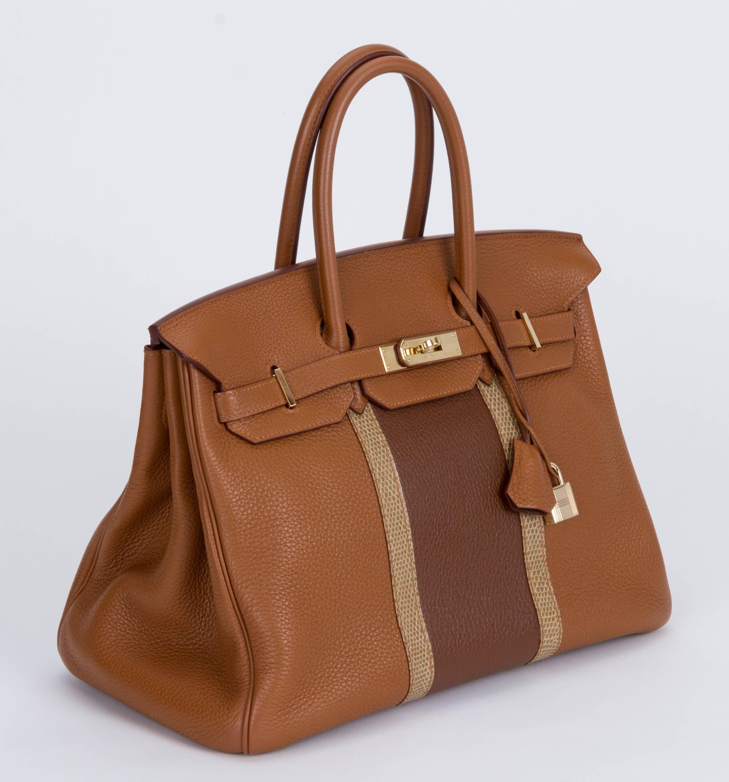 Hermès rare and collectible birkin 35 cm club gold, marron d'inde and ficelle. Preambles leather. Excellent condition, used only a few times. Date stamp O for 2011. Comes with lock, keys, clotted, tirette, rain jacket, protective felt, dust bag, box
