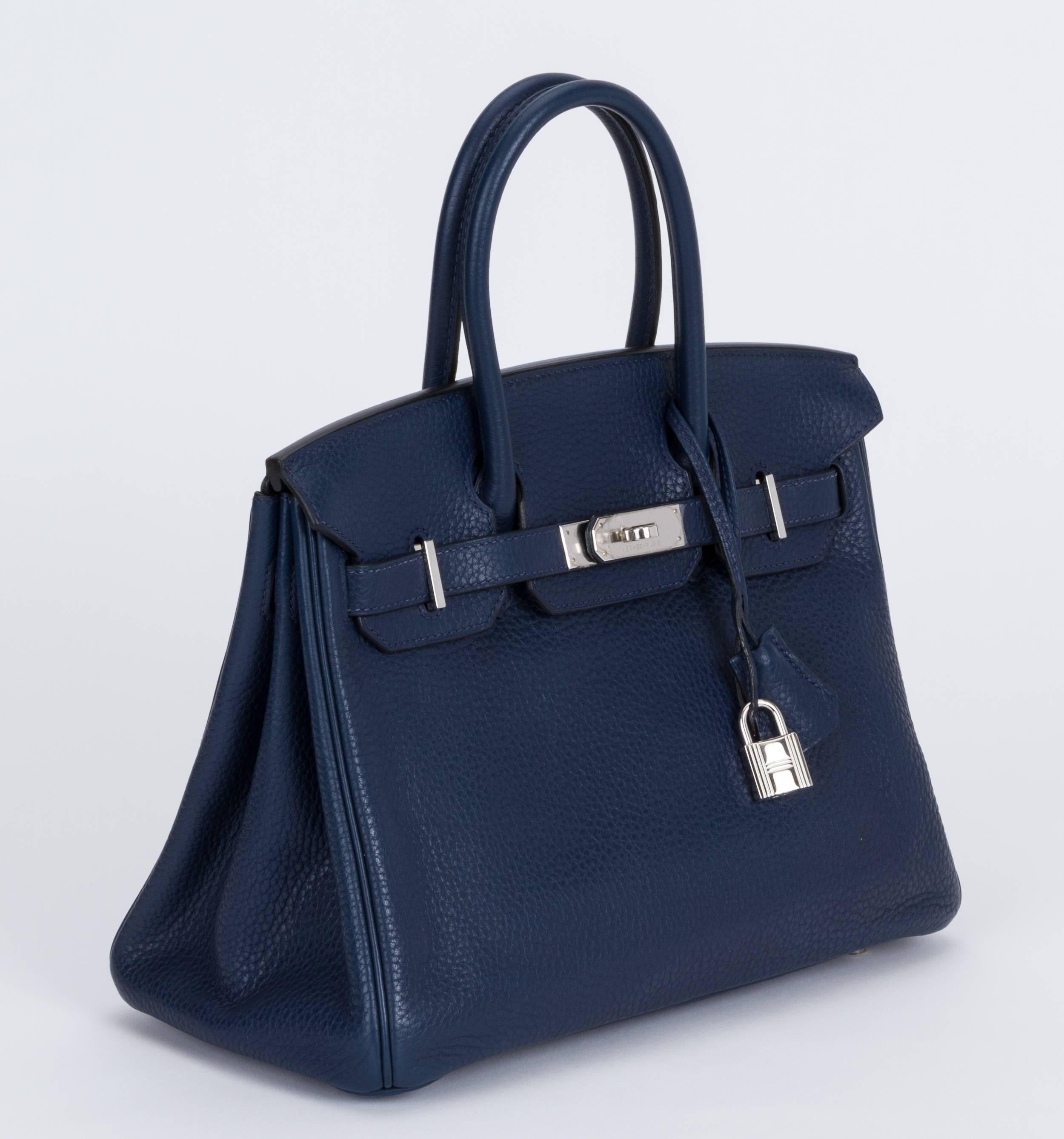 Hermès 30cm Birkin bag in blue abyss clemence leather and palladium hardware. Handle drop, 3