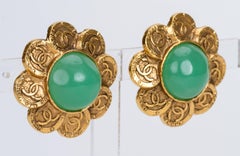 1980's Chanel Rare Green Gripoix Gold Clip Earrings