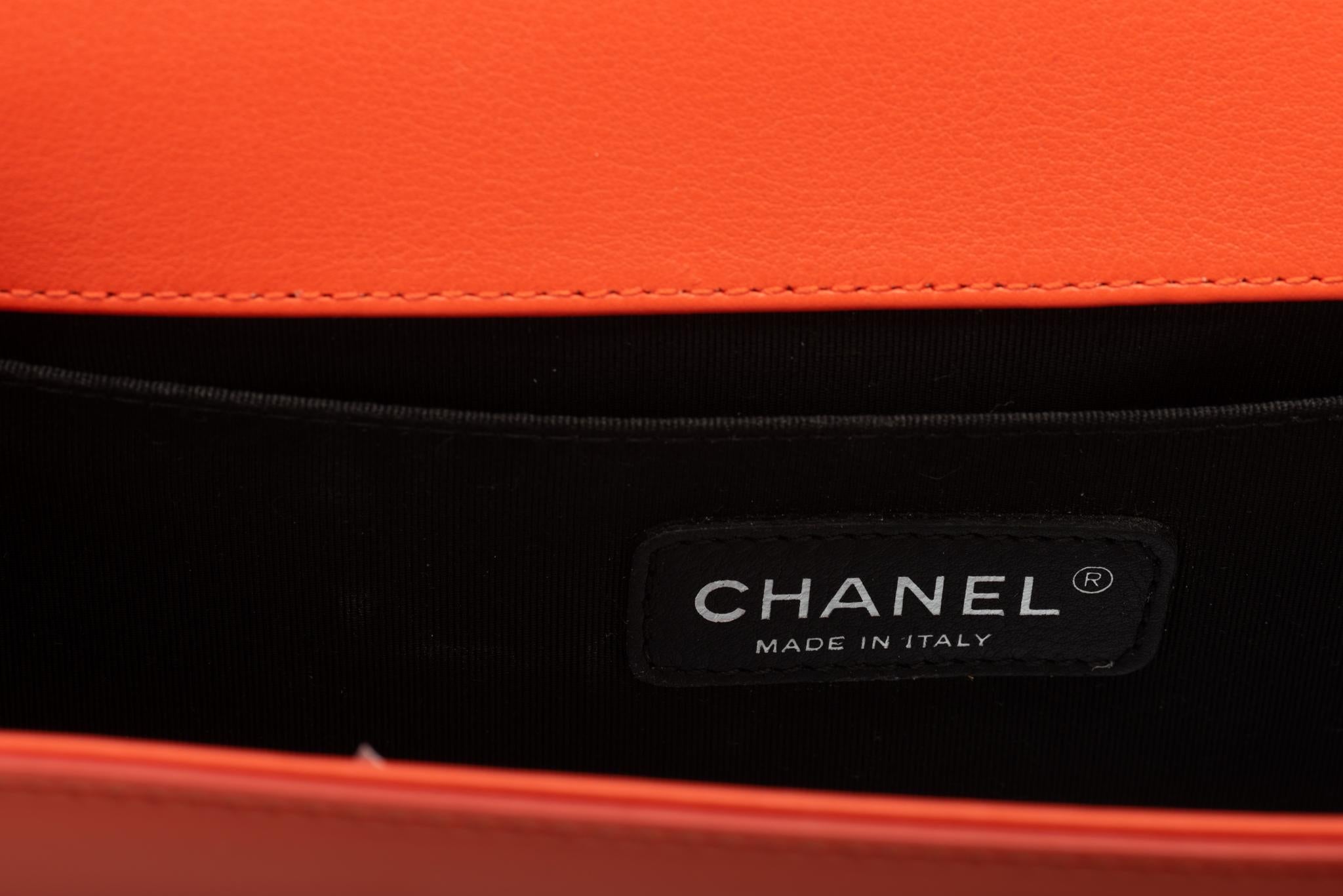 Chanel Orange Patent Leather Medium Boy Bag  In Excellent Condition In West Hollywood, CA