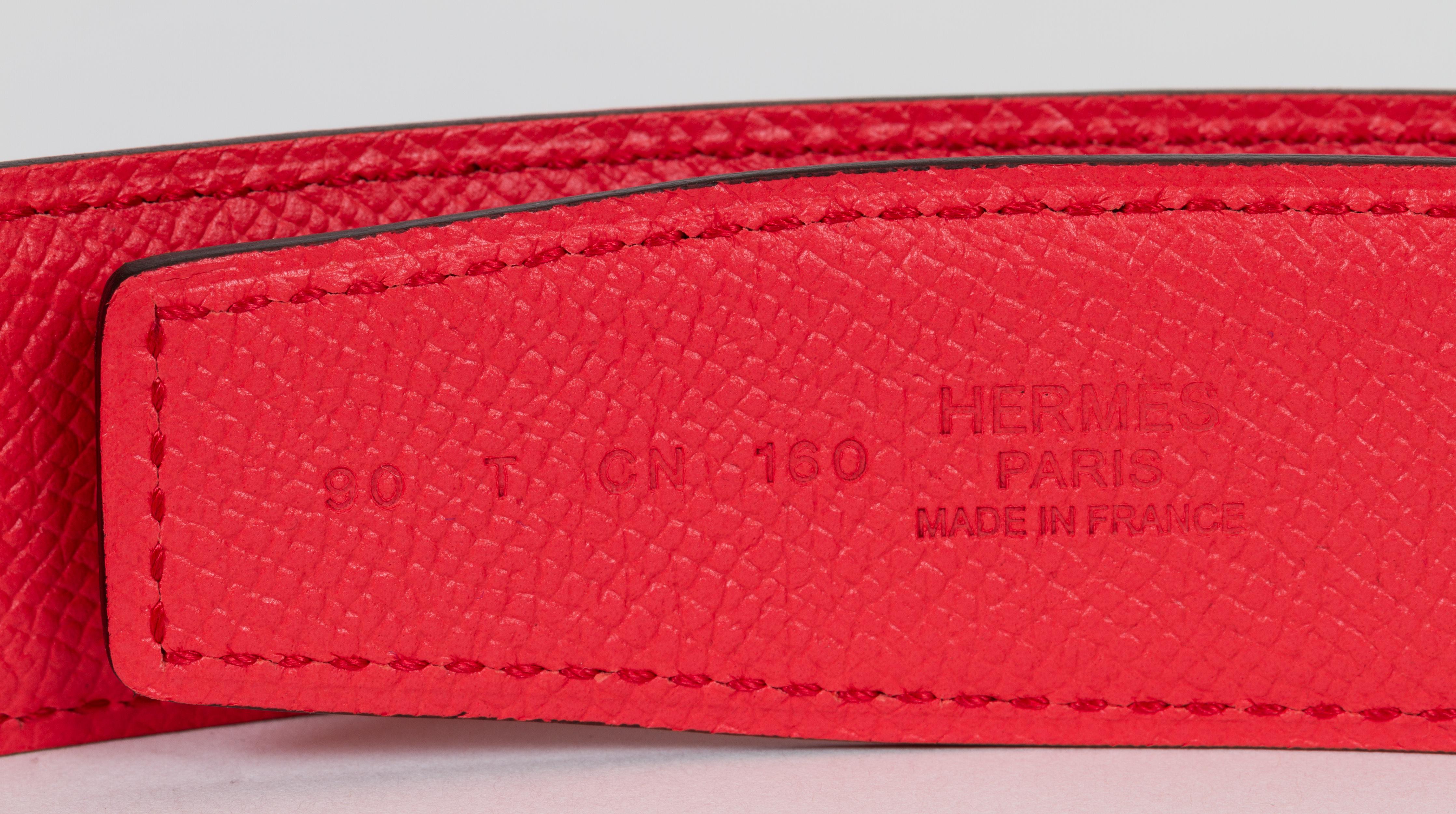 Hermès reversible H belt. Red swift and Bougainville Epsom leather, satin silver rhodium buckle. Dated T for 2015. Size 90cm. Never used. Comes with original box, ribbon and gift bag.