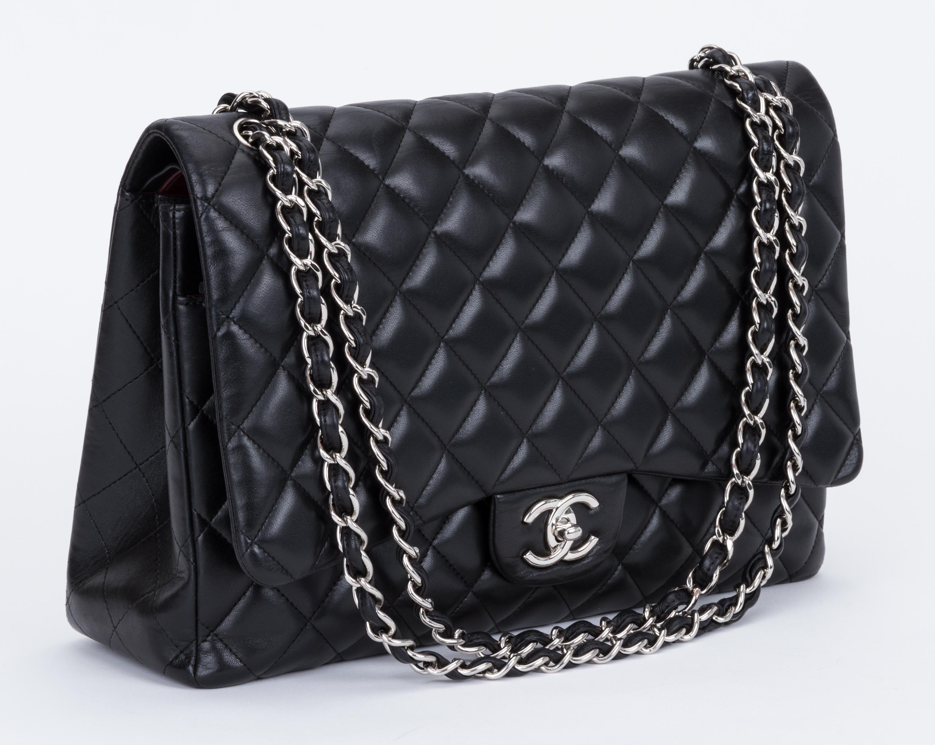 Chanel Black Lambskin Maxi Double Flap Bag. Shoulder drop 11