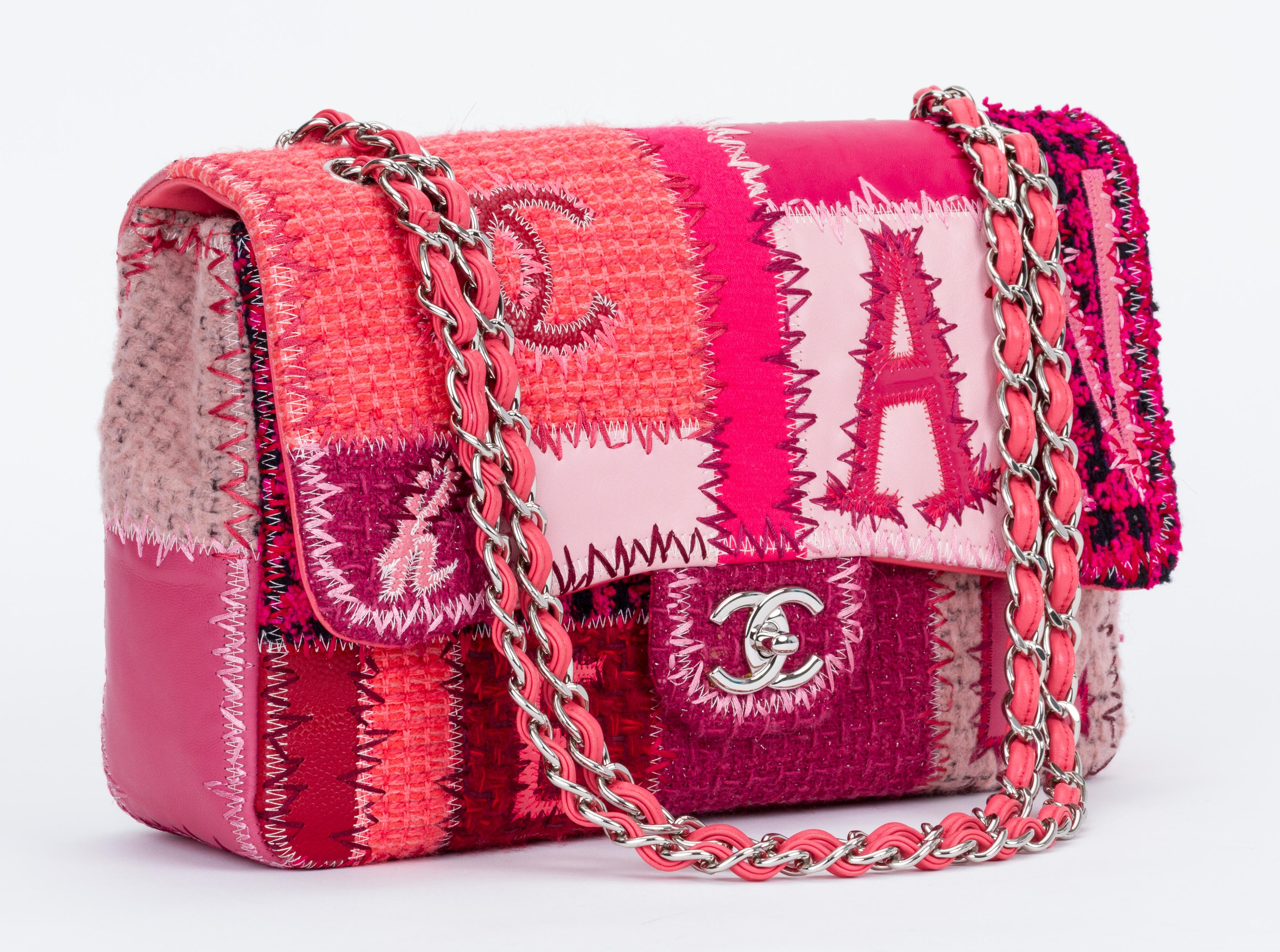 Chanel rare and collectible pink patchwork jumbo single flap with silver tone hardware. New condition. Shoulder drop 11